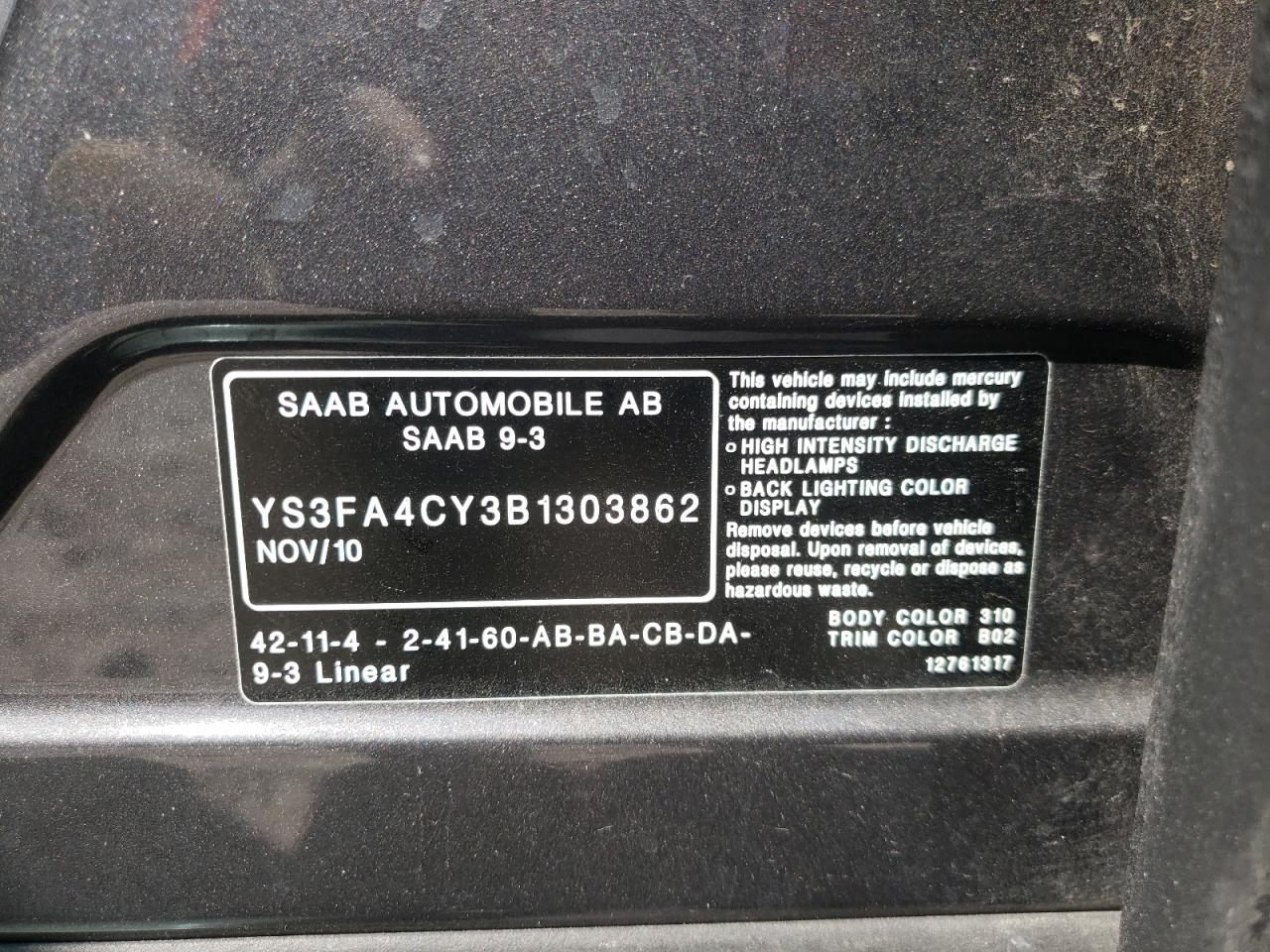 Photo 10 from auction – 2011 SAAB 9-3 2.0T with VIN YS3FA4CY3B1303862