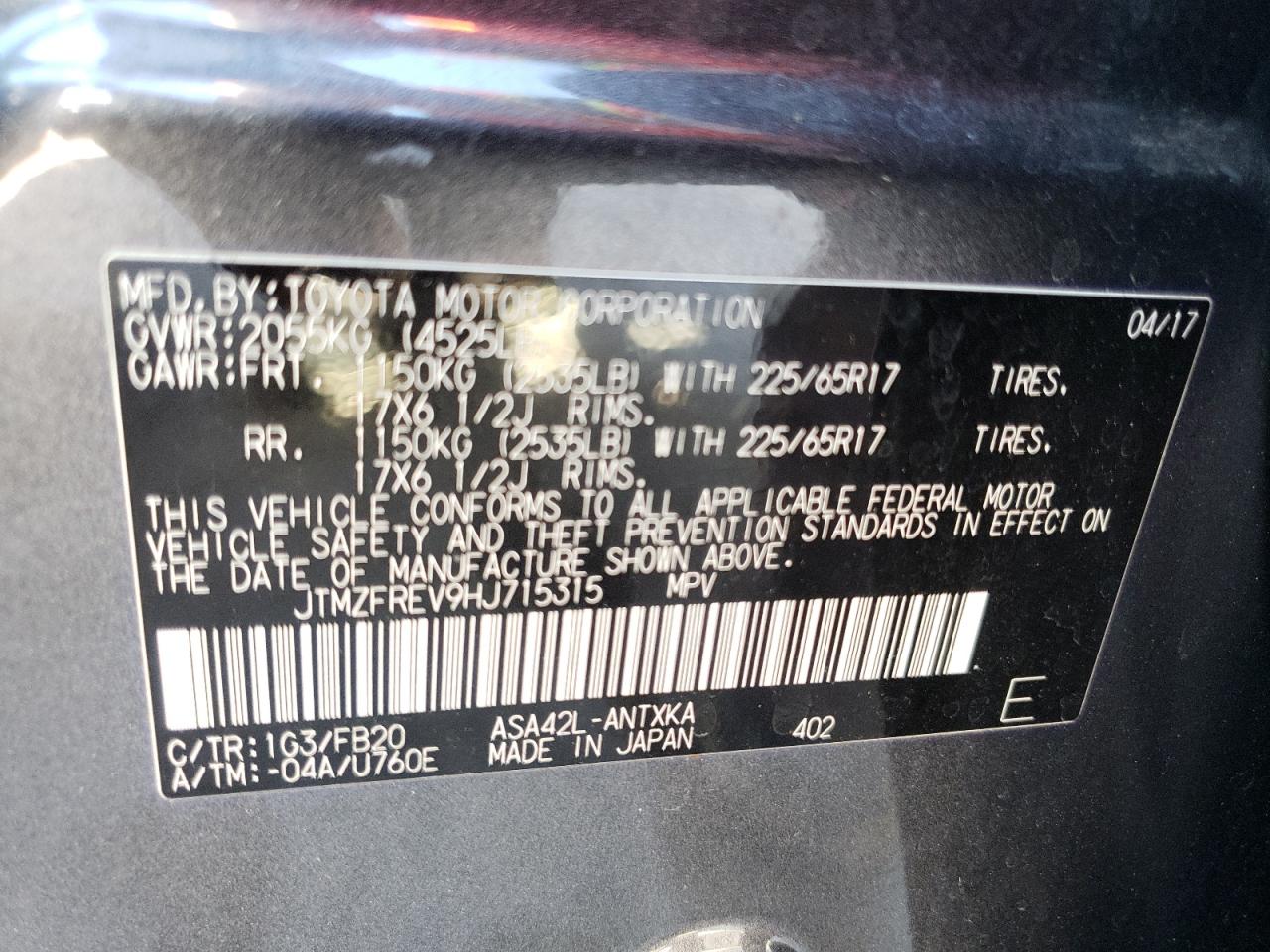 Photo 10 from auction – 2017 TOYOTA RAV4 LE with VIN JTMZFREV9HJ715315