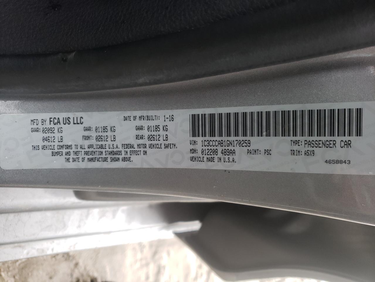 Photo 10 from auction – 2016 CHRYSLER 200 LIMITE with VIN 1C3CCCAB1GN170259