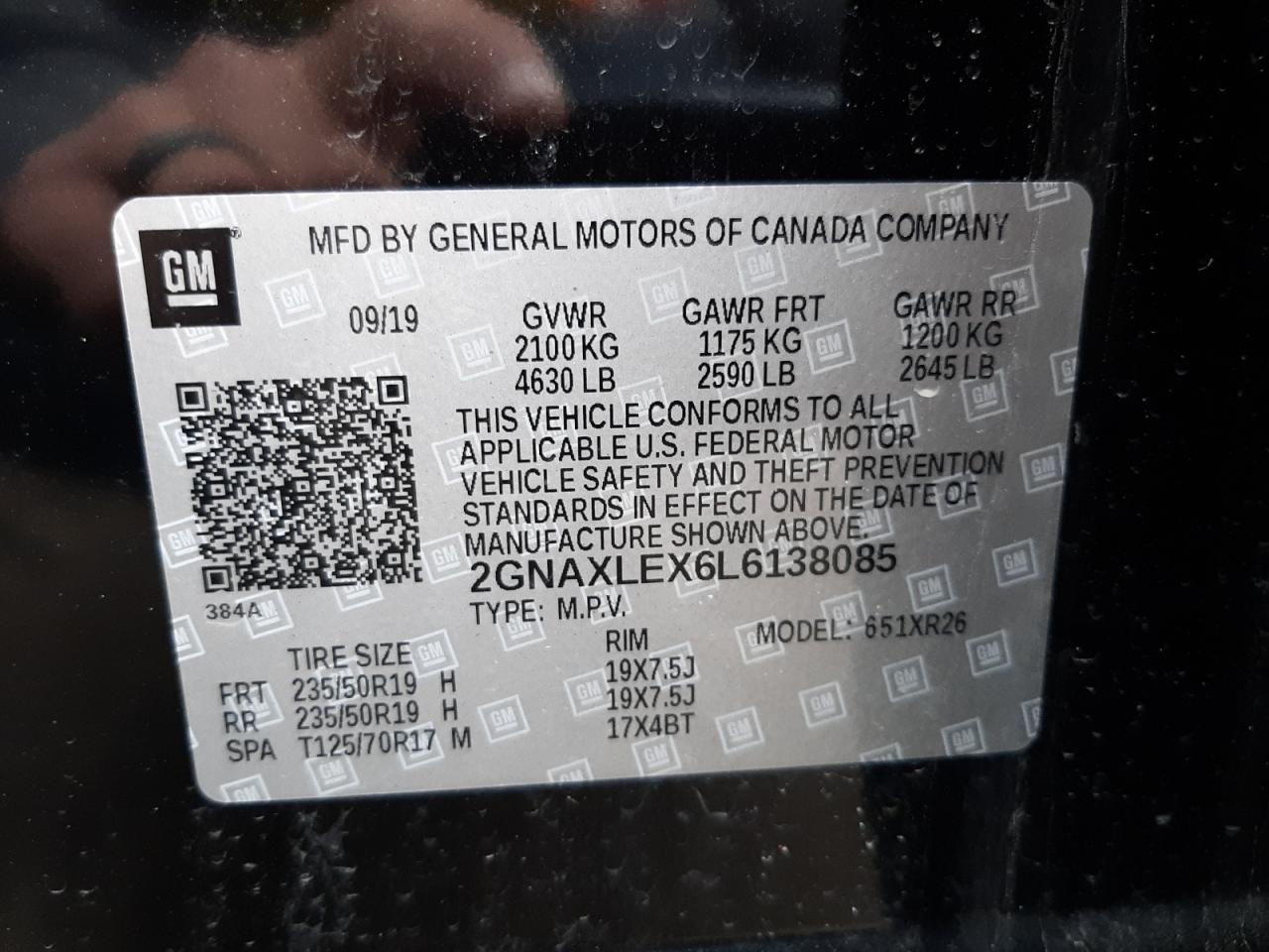 Photo 10 from auction – 2020 CHEVROLET EQUINOX LT with VIN 2GNAXLEX6L6138085