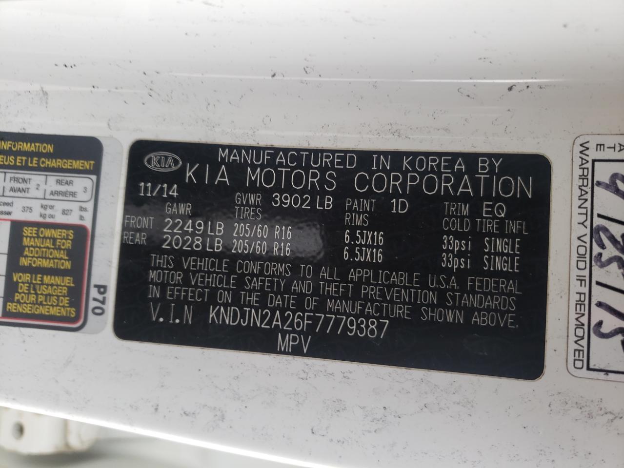 Foto 10 de la subasta – 2015 KIA SOUL con VIN KNDJN2A26F7779387