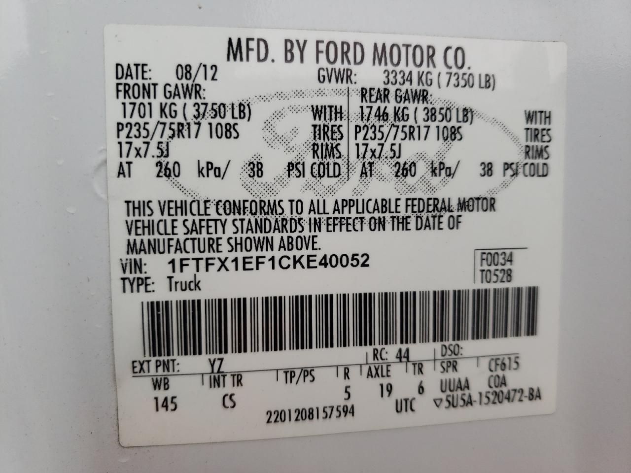 Photo 10 from auction – 2012 FORD F150 SUPER with VIN 1FTFX1EF1CKE40052