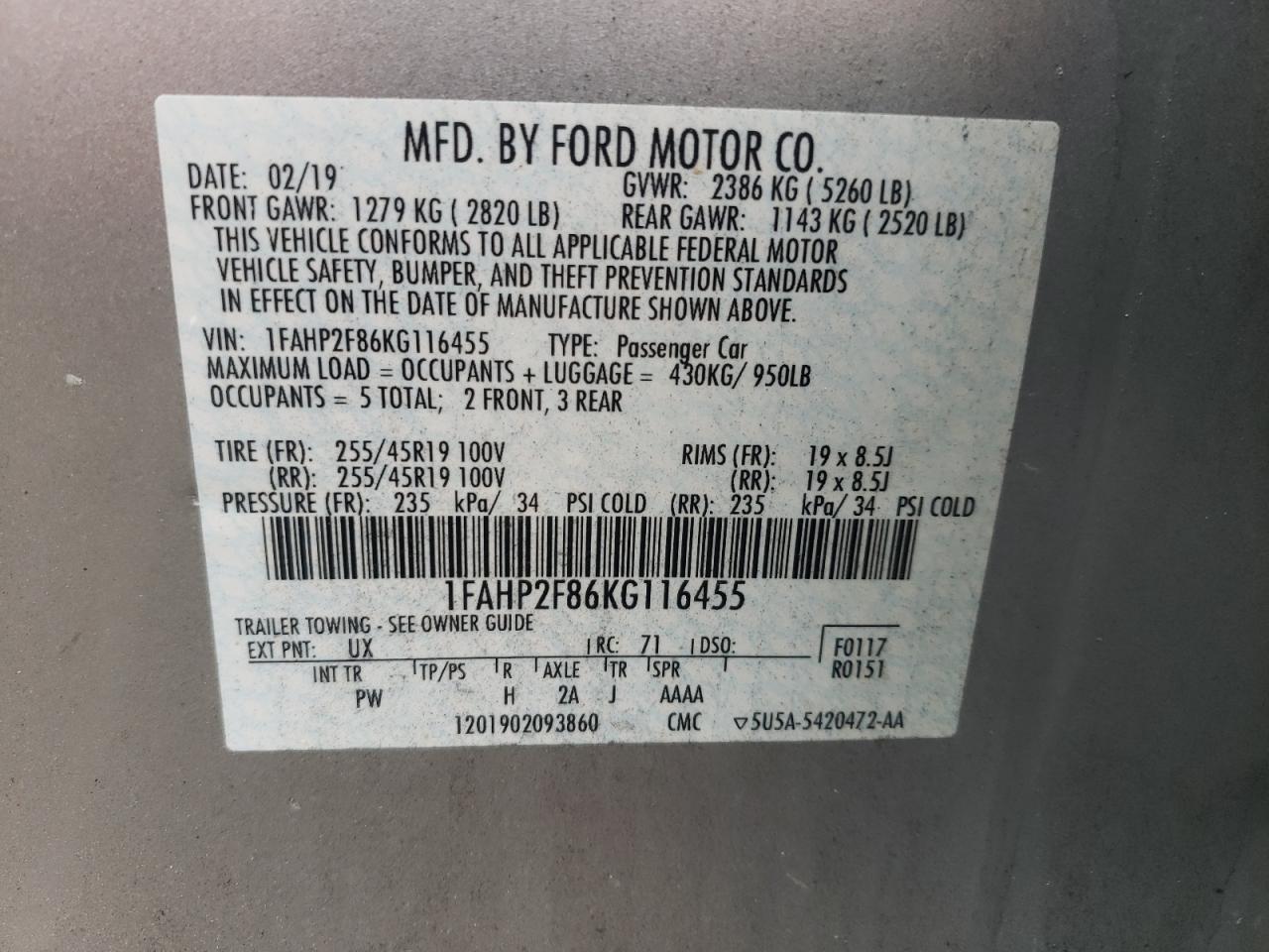 Photo 10 from auction – 2019 FORD TAURUS LIM with VIN 1FAHP2F86KG116455
