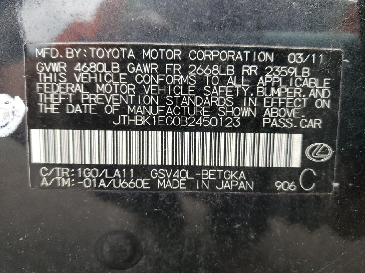 Photo 10 from auction – 2011 LEXUS ES 350 with VIN JTHBK1EG0B2450123
