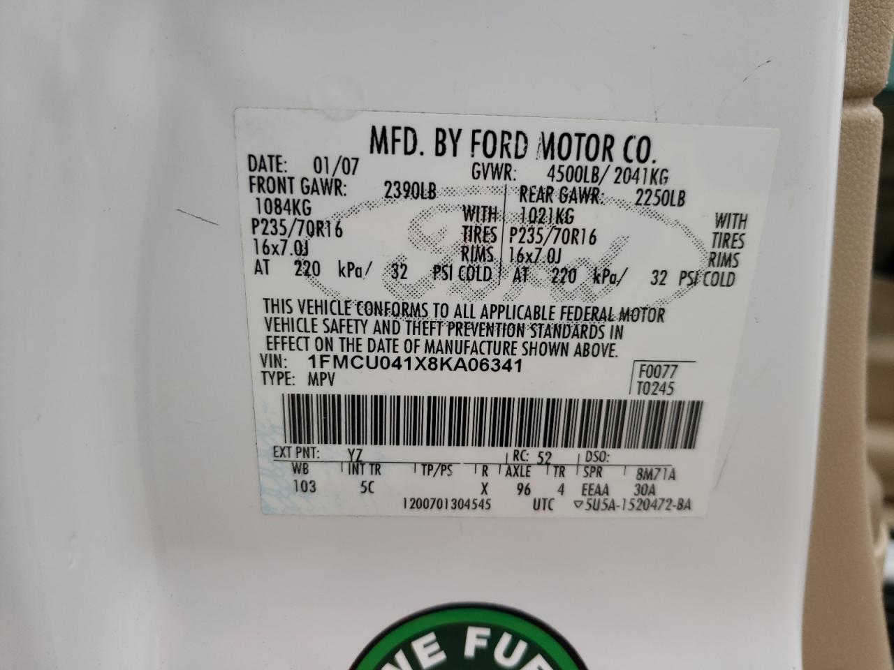 Photo 10 from auction – 2008 FORD ESCAPE LIM with VIN 1FMCU041X8KA06341