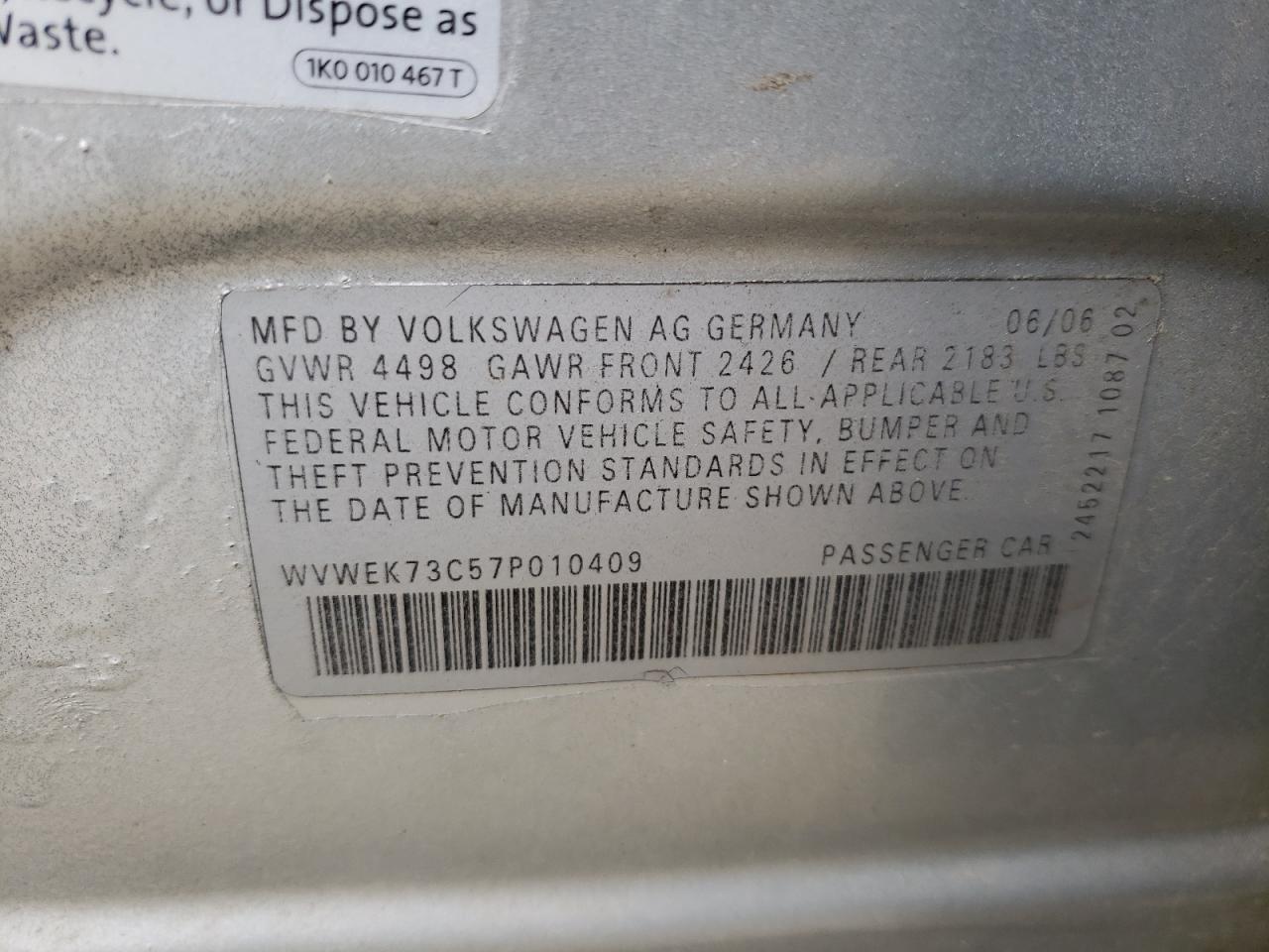 Photo 10 from auction – 2007 VOLKSWAGEN PASSAT 2.0 with VIN WVWEK73C57P010409