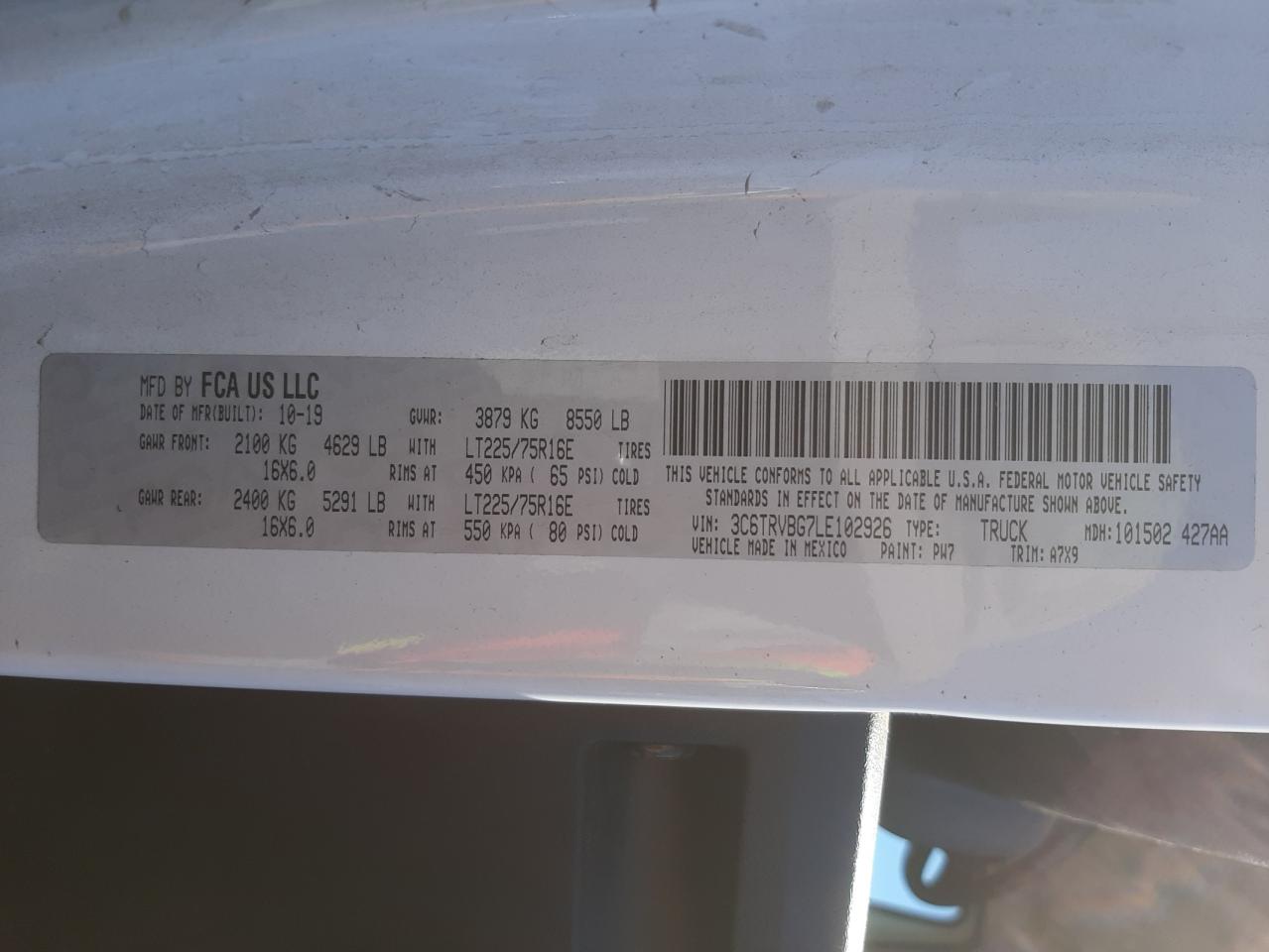 Photo 10 from auction – 2020 RAM PROMASTER with VIN 3C6TRVBG7LE102926