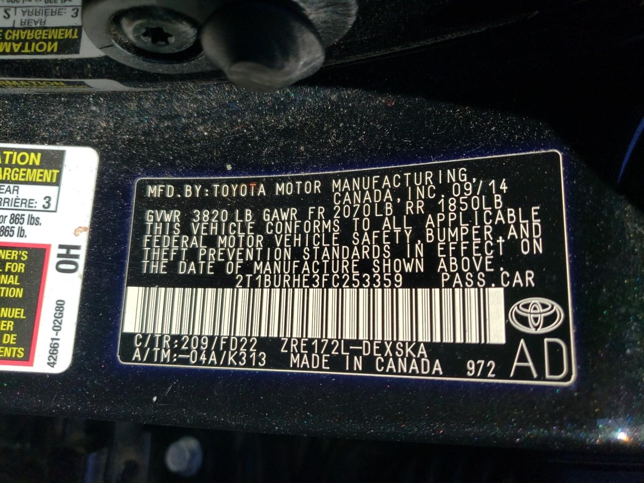 Photo 10 from auction – 2015 TOYOTA COROLLA L with VIN 2T1BURHE3FC253359