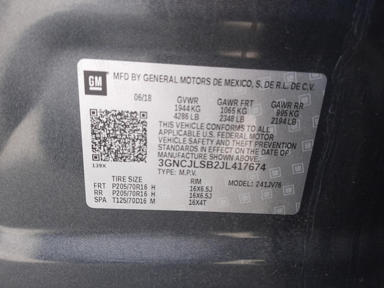Photo 10 from auction – 2018 CHEVROLET TRAX 1LT with VIN 3GNCJLSB2JL417674
