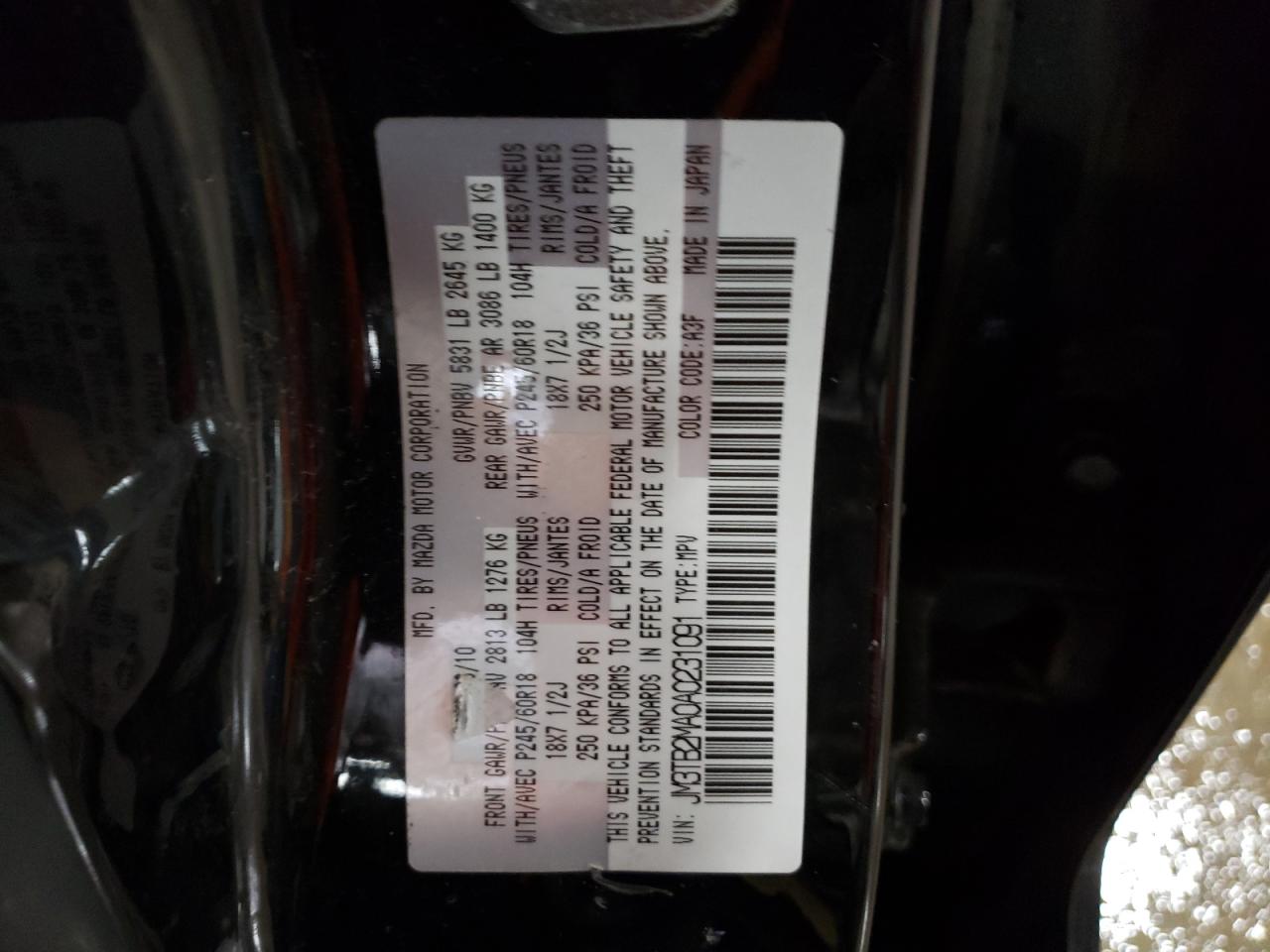 Photo 10 from auction – 2010 MAZDA CX-9 with VIN JM3TB2MA0A0231091