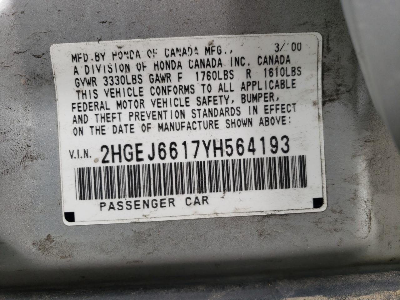 Photo 10 from auction – 2000 HONDA CIVIC BASE with VIN 2HGEJ6617YH564193