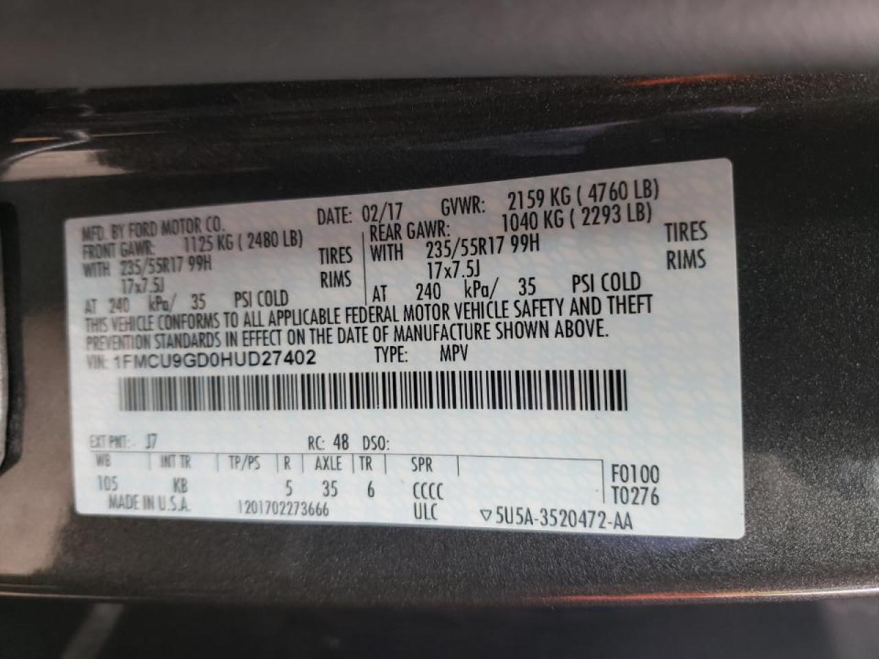 Photo 10 from auction – 2017 FORD ESCAPE SE with VIN 1FMCU9GD0HUD27402
