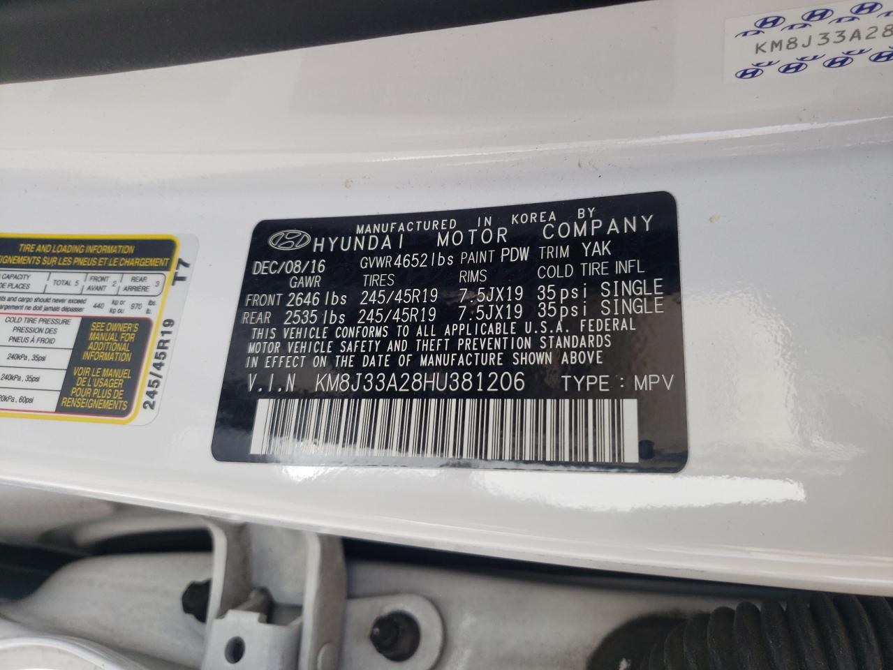 Photo 10 from auction – 2017 HYUNDAI TUCSON LIM with VIN KM8J33A28HU381206