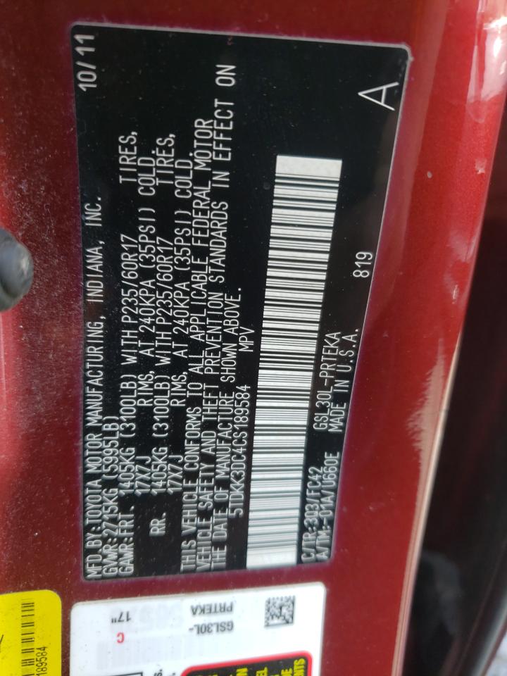 Photo 10 from auction – 2012 TOYOTA SIENNA LE with VIN 5TDKK3DC4CS189584