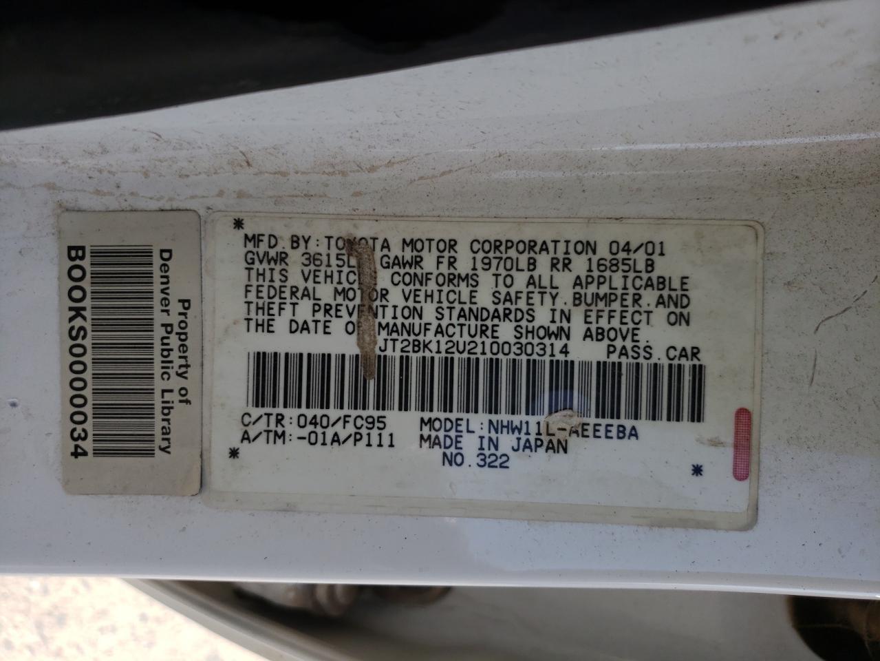 Photo 10 from auction – 2001 TOYOTA PRIUS with VIN JT2BK12U210030314