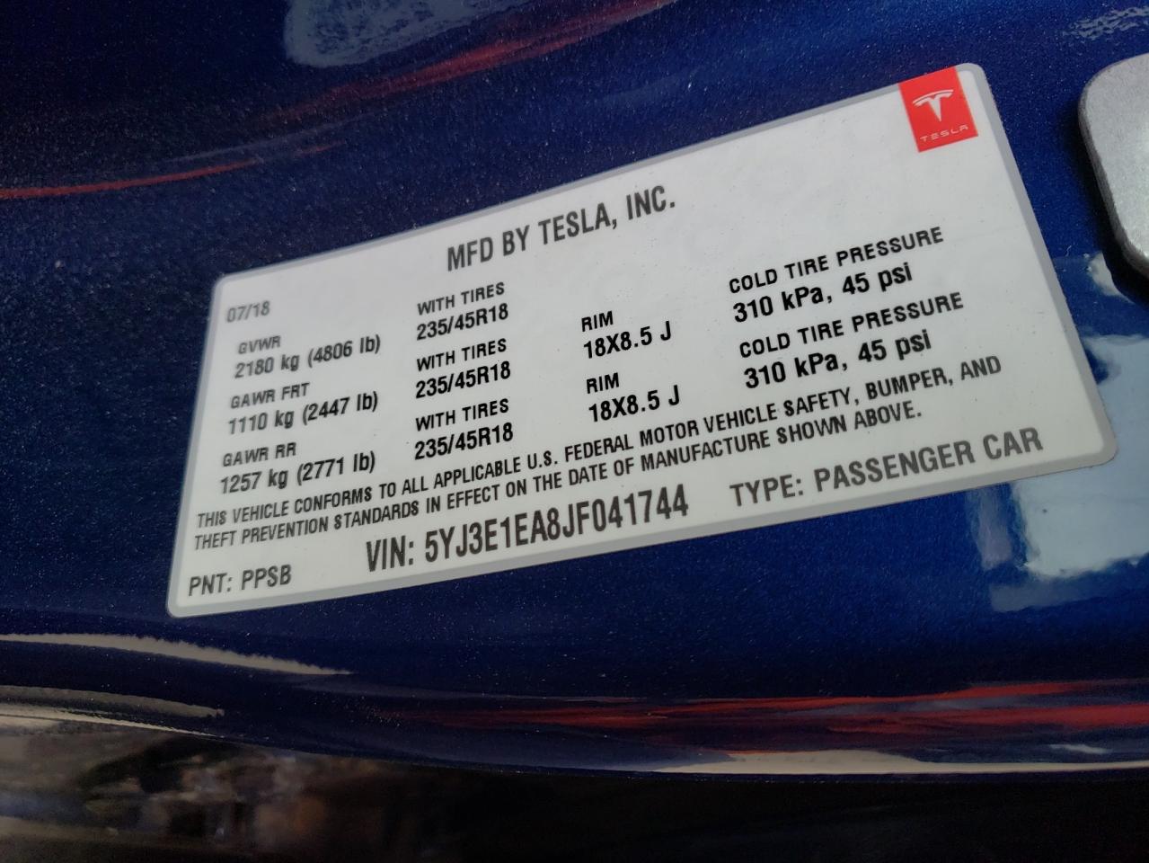 Photo 10 from auction – 2018 TESLA MODEL 3 with VIN 5YJ3E1EA8JF041744