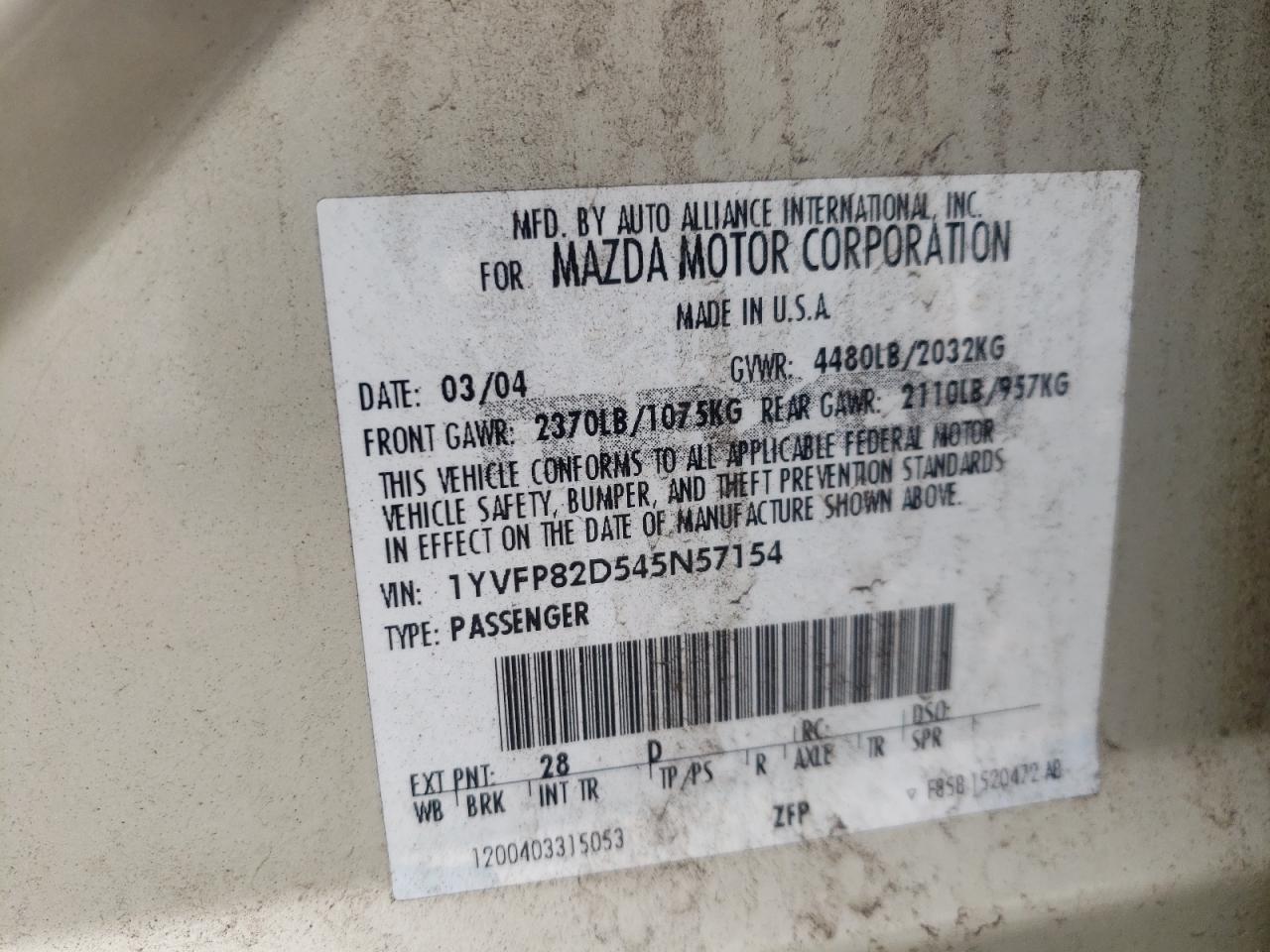 Photo 10 from auction – 2004 MAZDA MAZDA6 with VIN 1YVFP82D545N57154