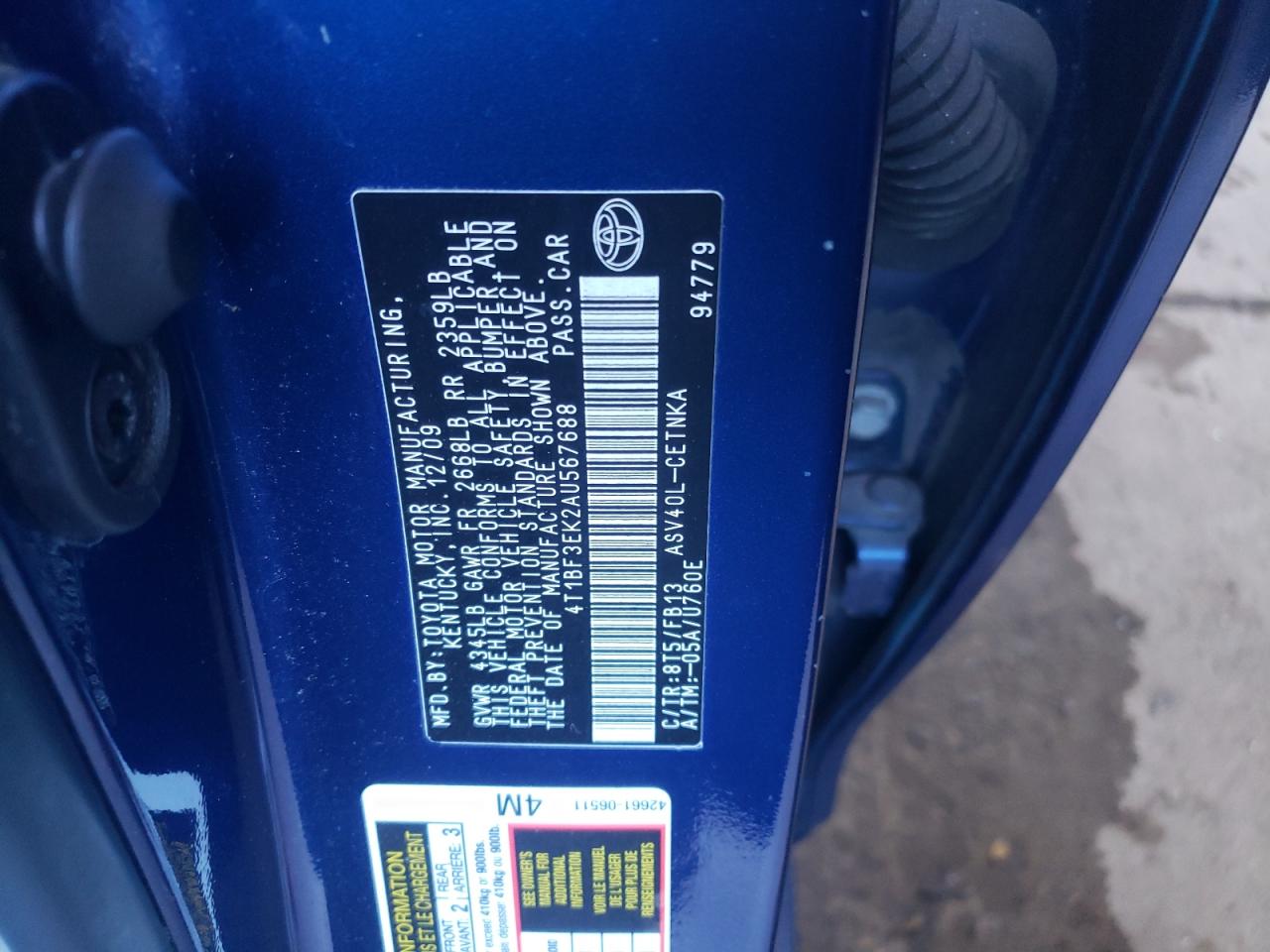 Photo 10 from auction – 2010 TOYOTA CAMRY BASE with VIN 4T1BF3EK2AU567688