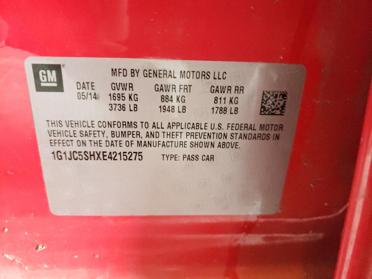 Photo 10 from auction – 2014 CHEVROLET SONIC LT with VIN 1G1JC5SHXE4215275