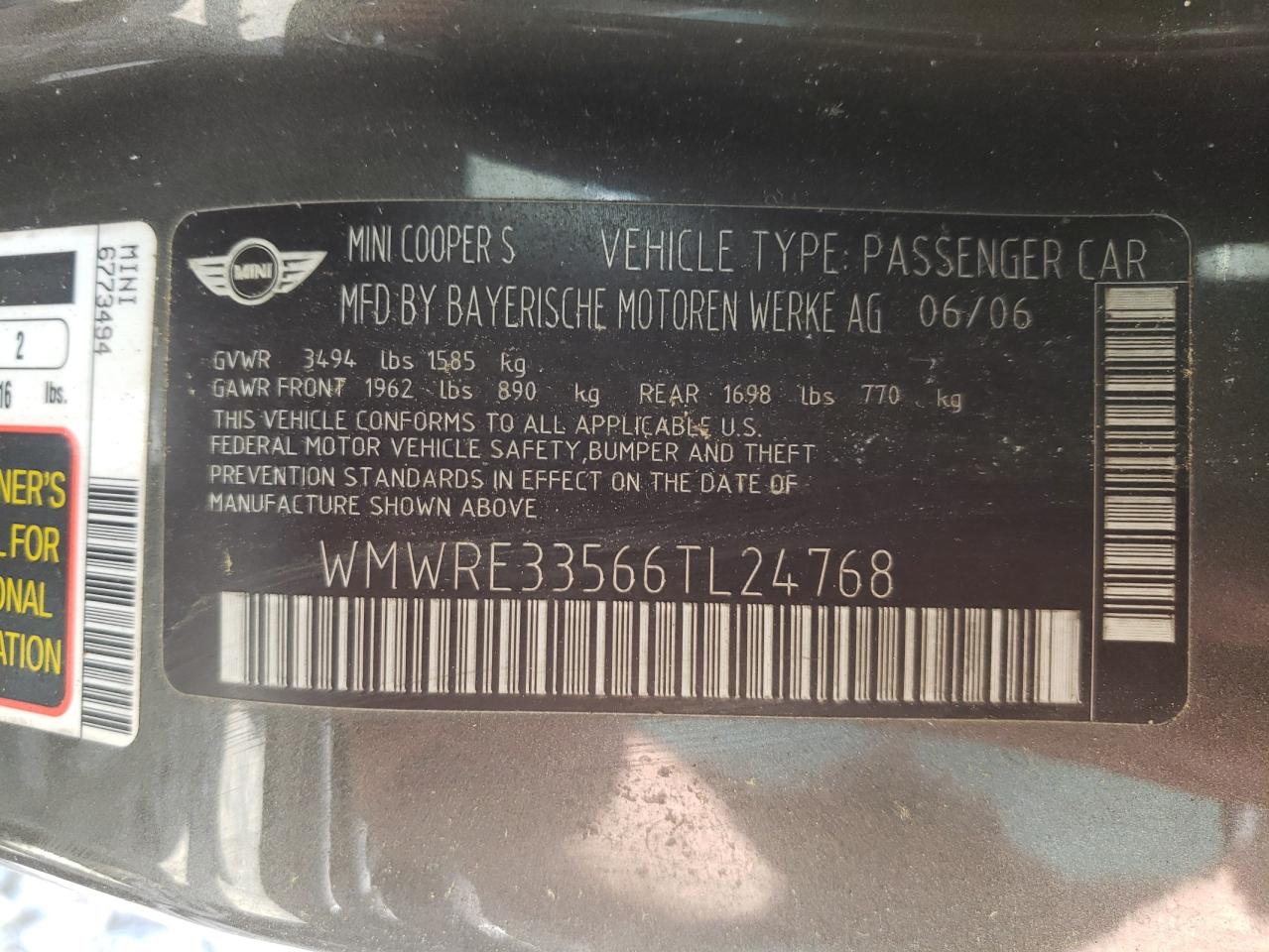 Photo 10 from auction – 2006 MINI COOPER S with VIN WMWRE33566TL24768
