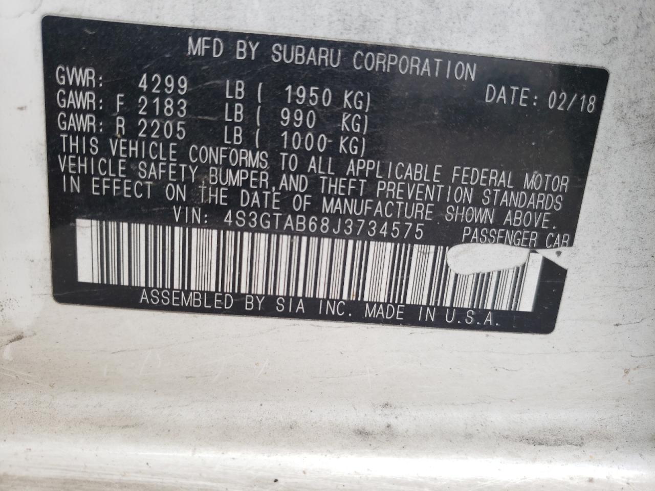 Photo 10 from auction – 2018 SUBARU IMPREZA PR with VIN 4S3GTAB68J3734575