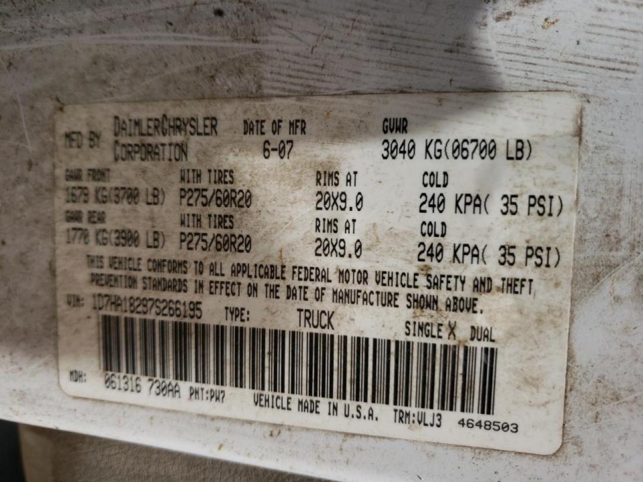 Photo 10 from auction – 2007 DODGE RAM 1500 S with VIN 1D7HA18297S266195
