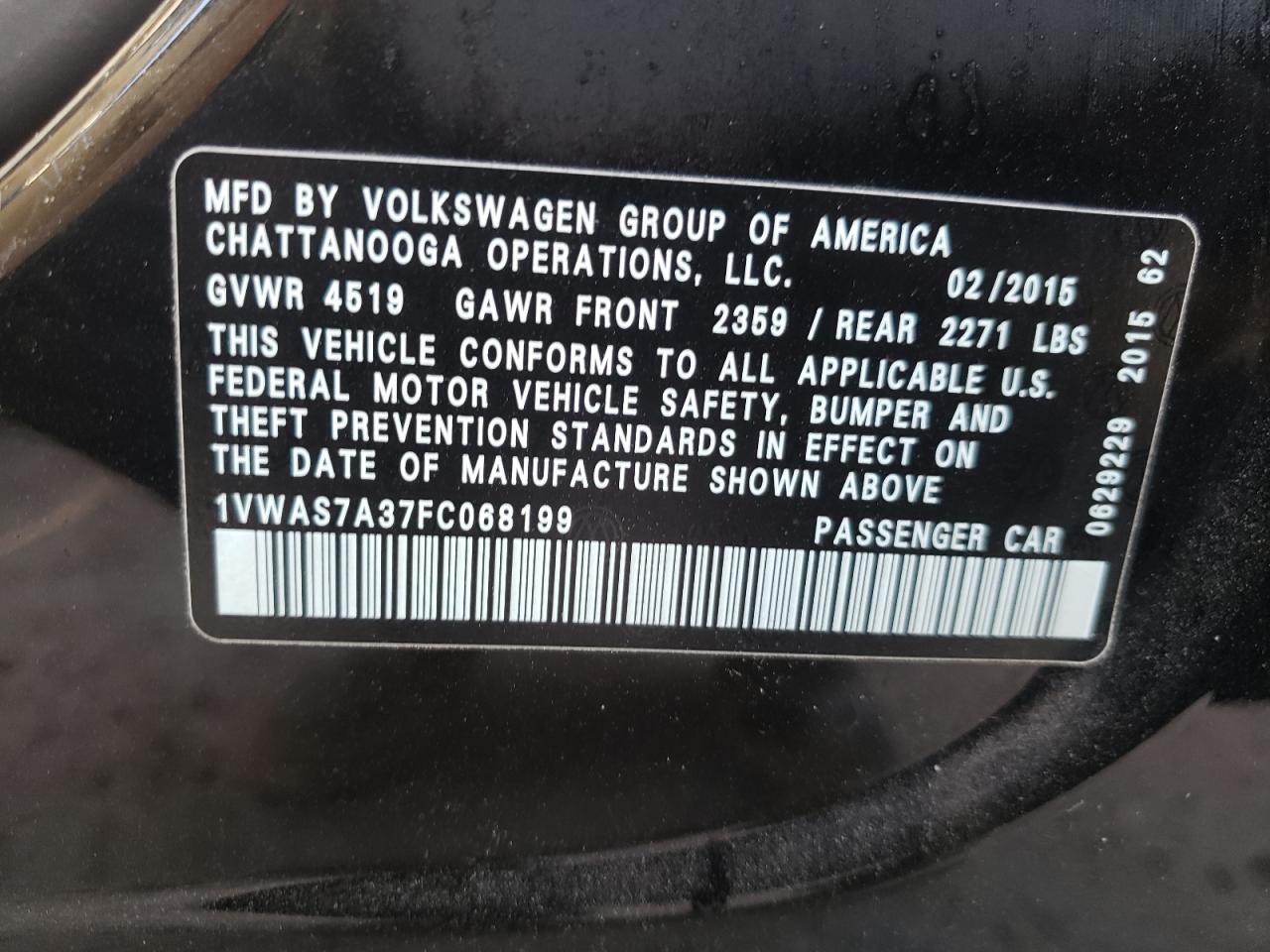 Photo 10 from auction – 2015 VOLKSWAGEN PASSAT S with VIN 1VWAS7A37FC068199