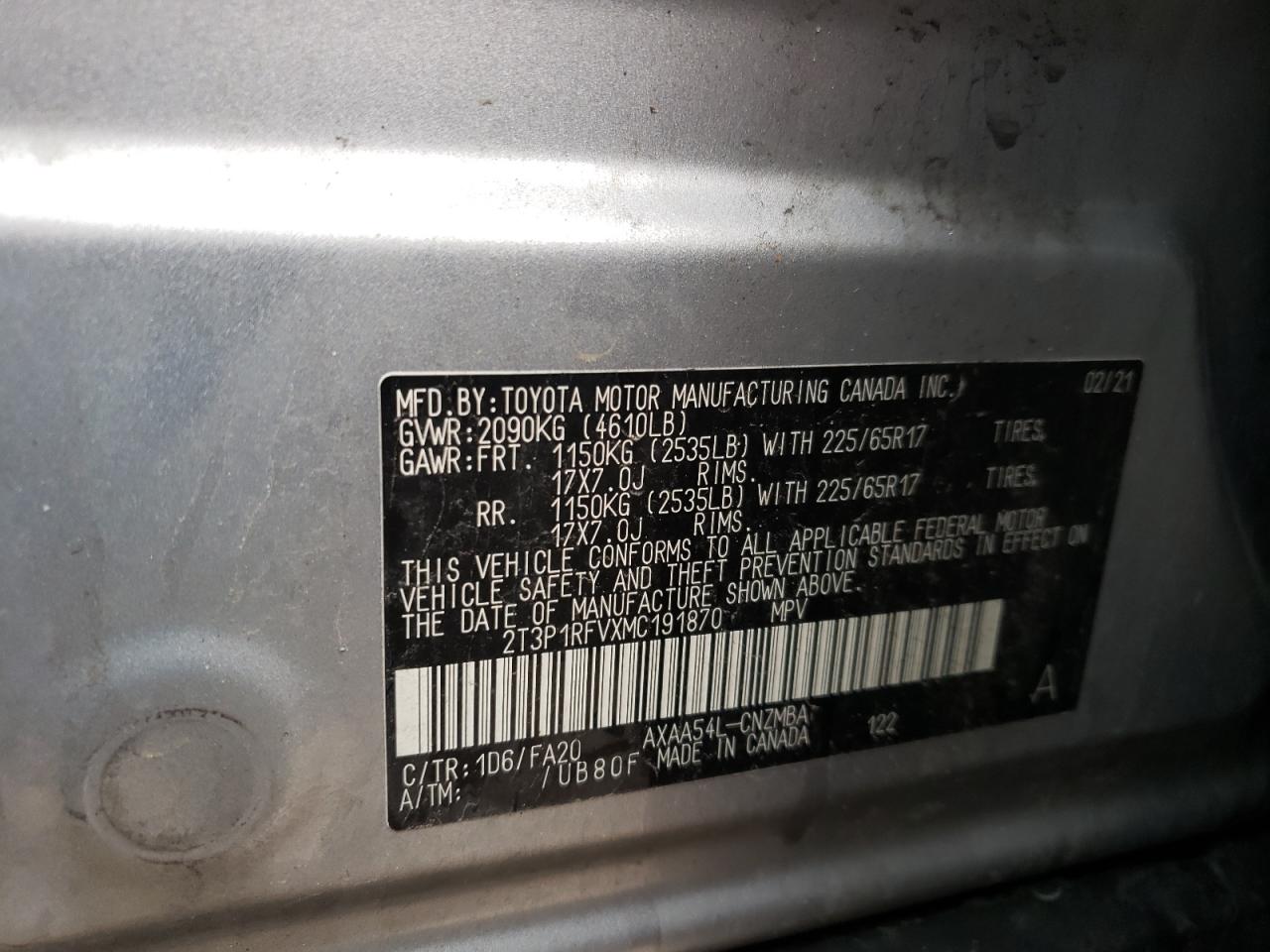 Photo 10 from auction – 2021 TOYOTA RAV4 XLE with VIN 2T3P1RFVXMC191870