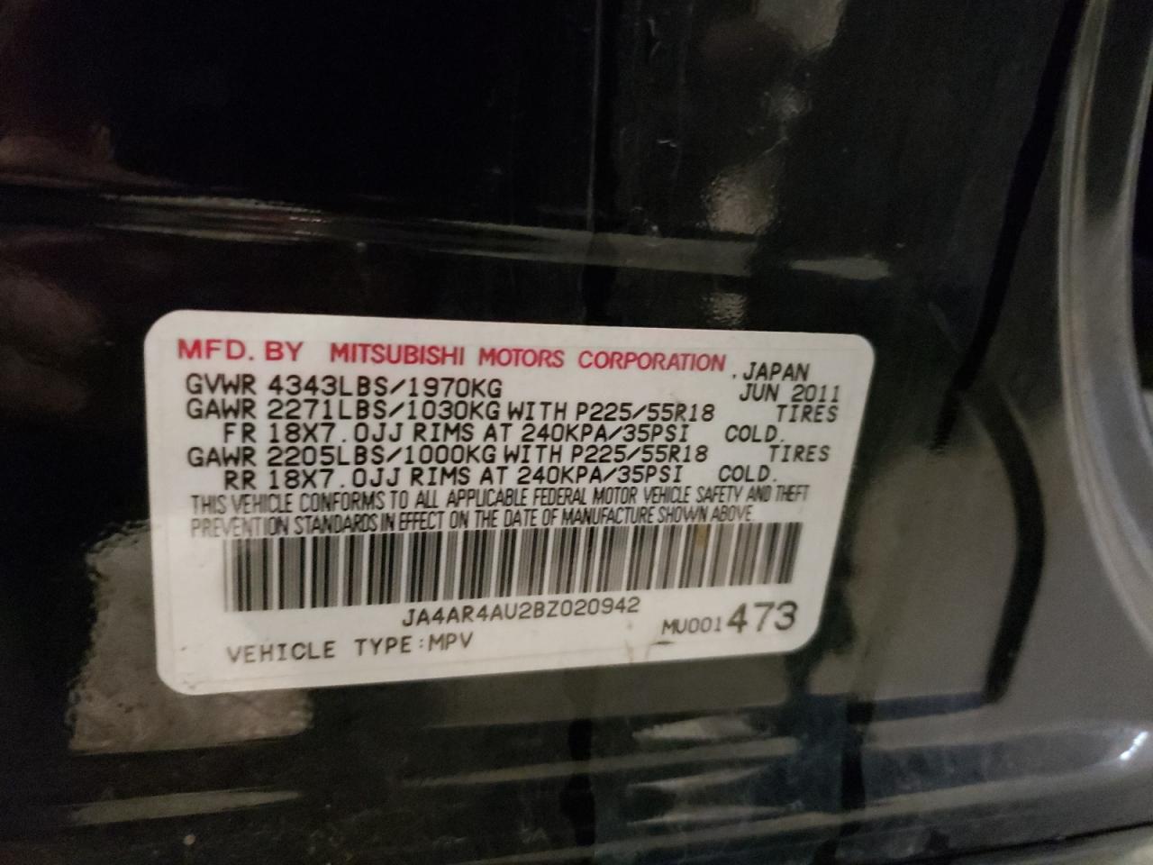 Photo 10 from auction – 2011 MITSUBISHI OUTLANDER with VIN JA4AR4AU2BZ020942