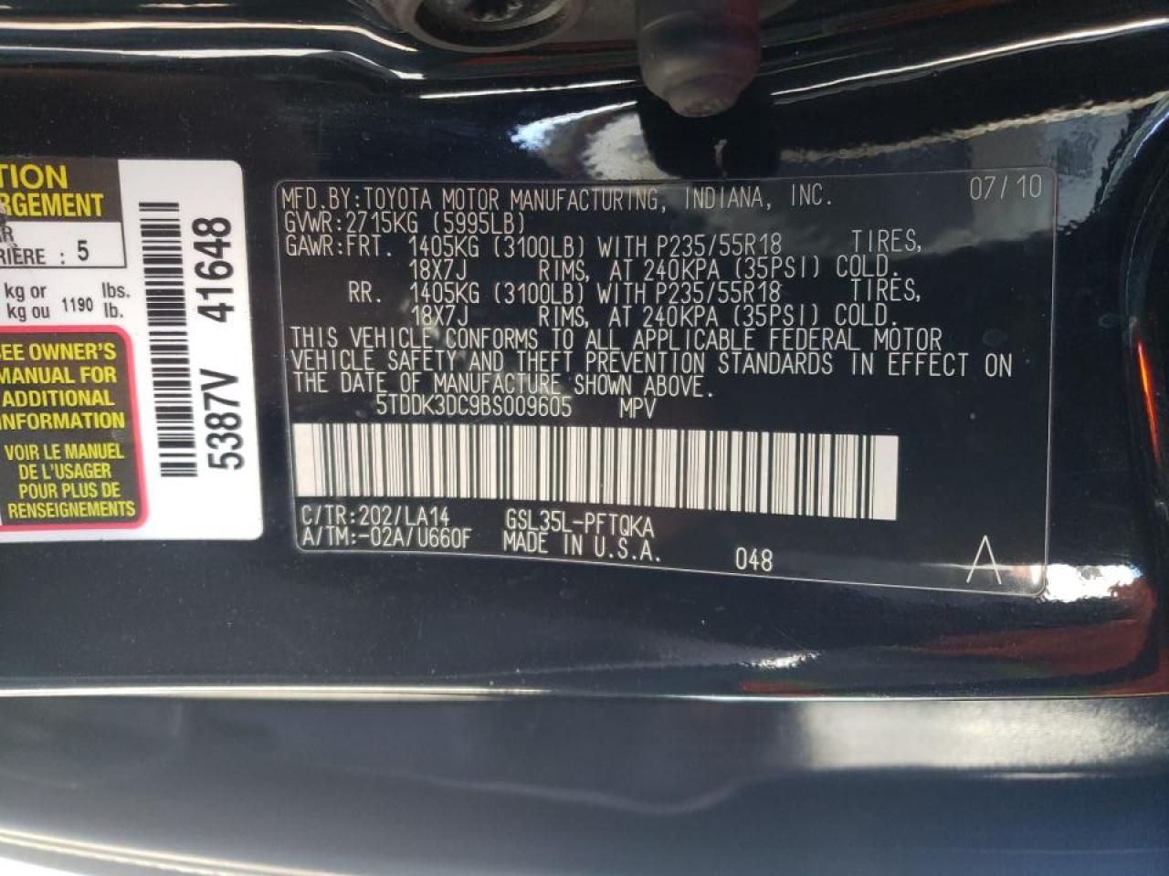 Photo 10 from auction – 2011 TOYOTA SIENNA XLE with VIN 5TDDK3DC9BS009605