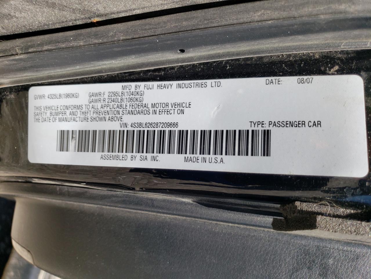 Photo 10 from auction – 2008 SUBARU LEGACY 2.5 with VIN 4S3BL626287209666