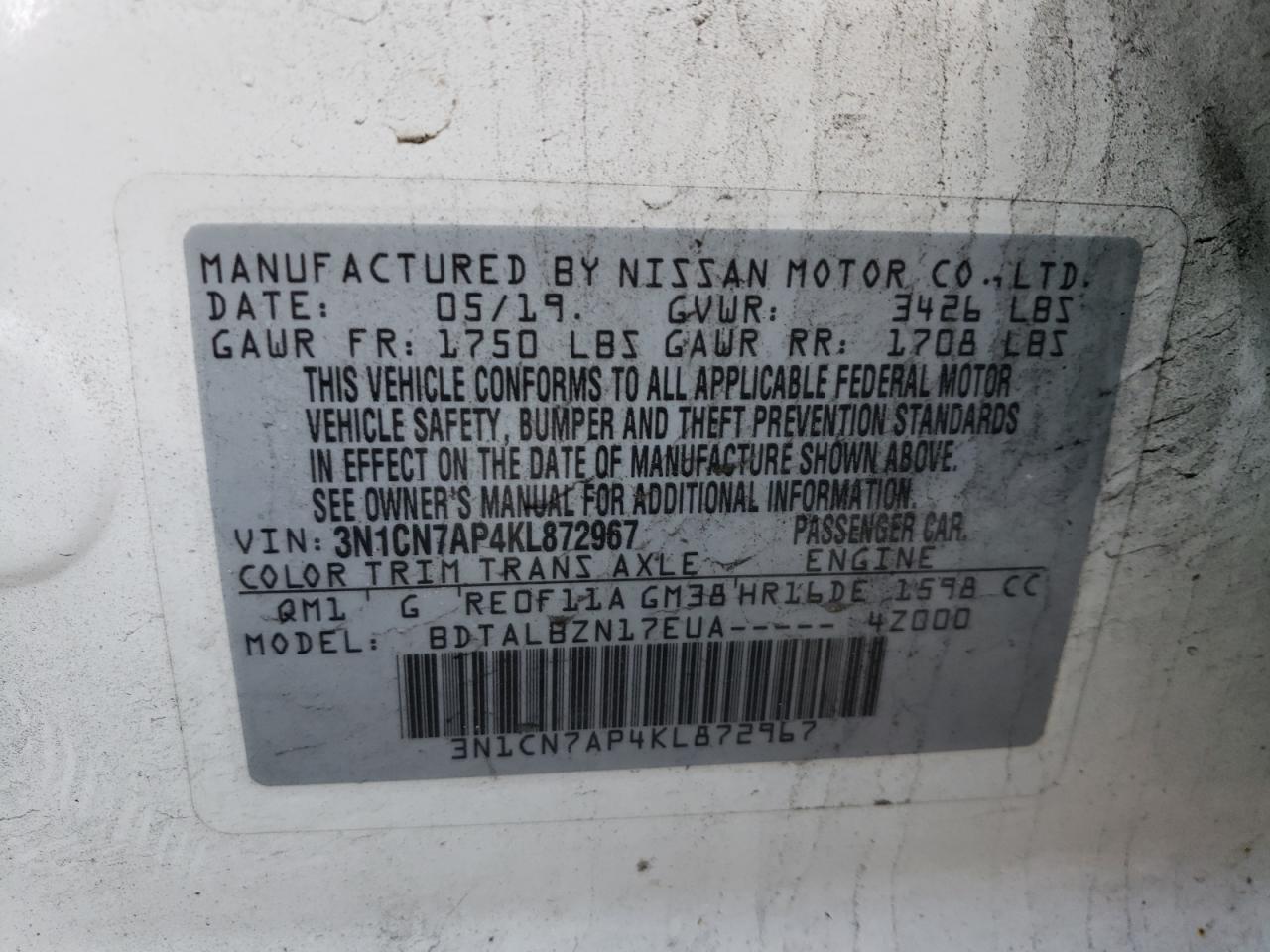 Photo 10 from auction – 2019 NISSAN VERSA S with VIN 3N1CN7AP4KL872967