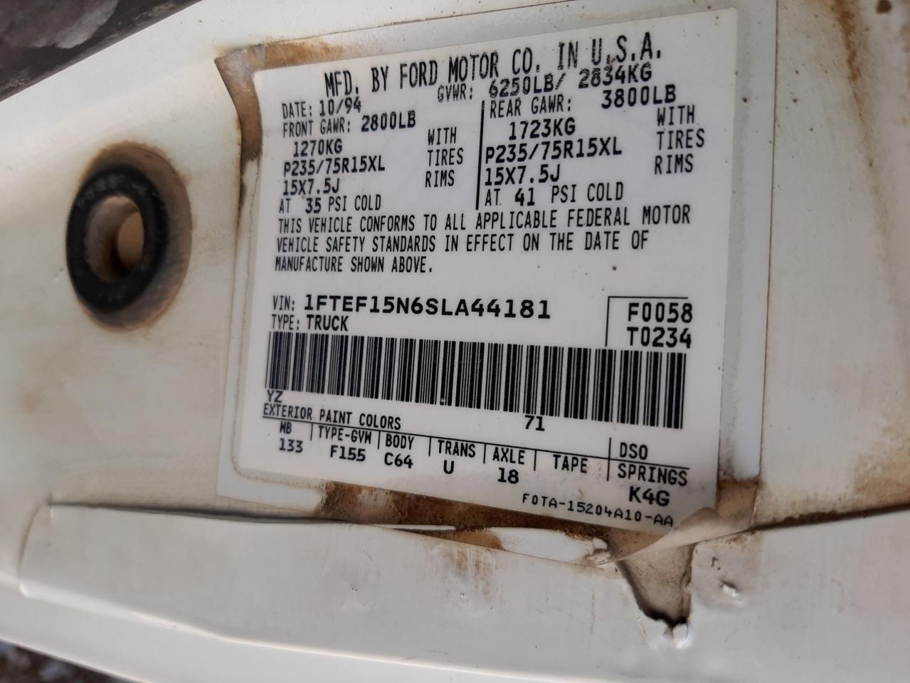 Photo 10 from auction – 1995 FORD F150 with VIN 1FTEF15N6SLA44181