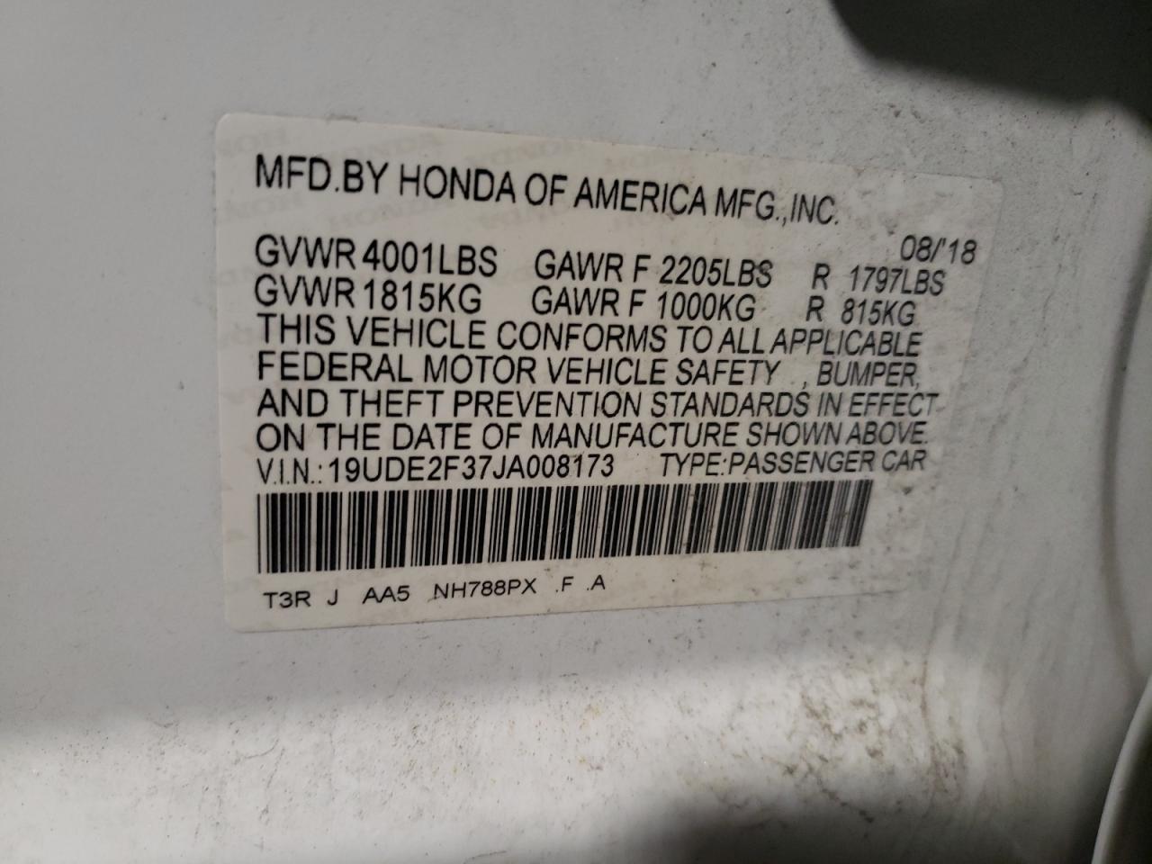Photo 10 from auction – 2018 ACURA ILX BASE W with VIN 19UDE2F37JA008173