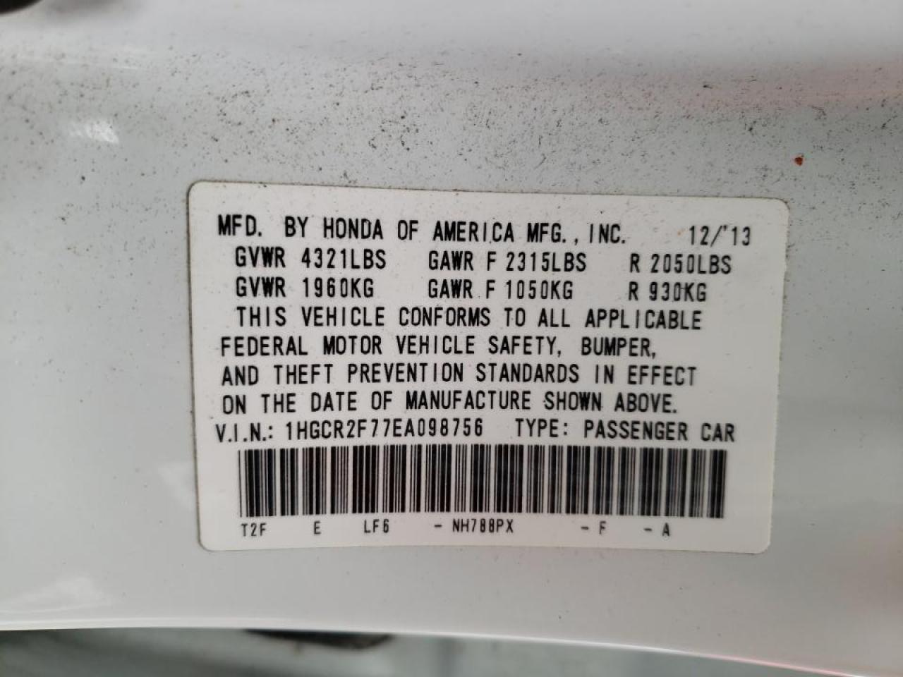 Photo 10 from auction – 2014 HONDA ACCORD EX with VIN 1HGCR2F77EA098756
