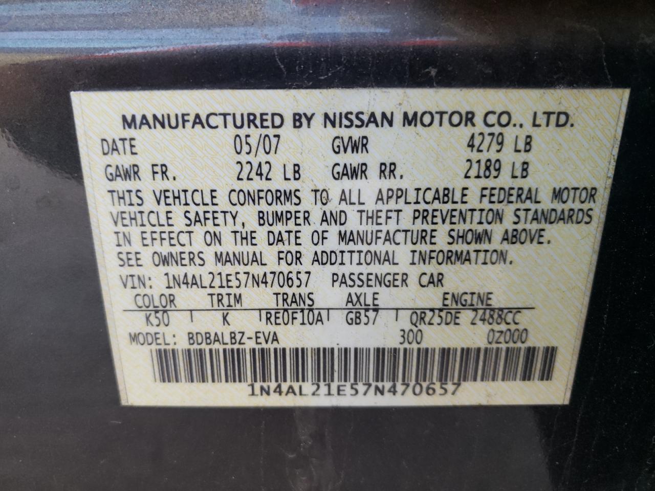 Photo 10 from auction – 2007 NISSAN ALTIMA 2.5 with VIN 1N4AL21E57N470657