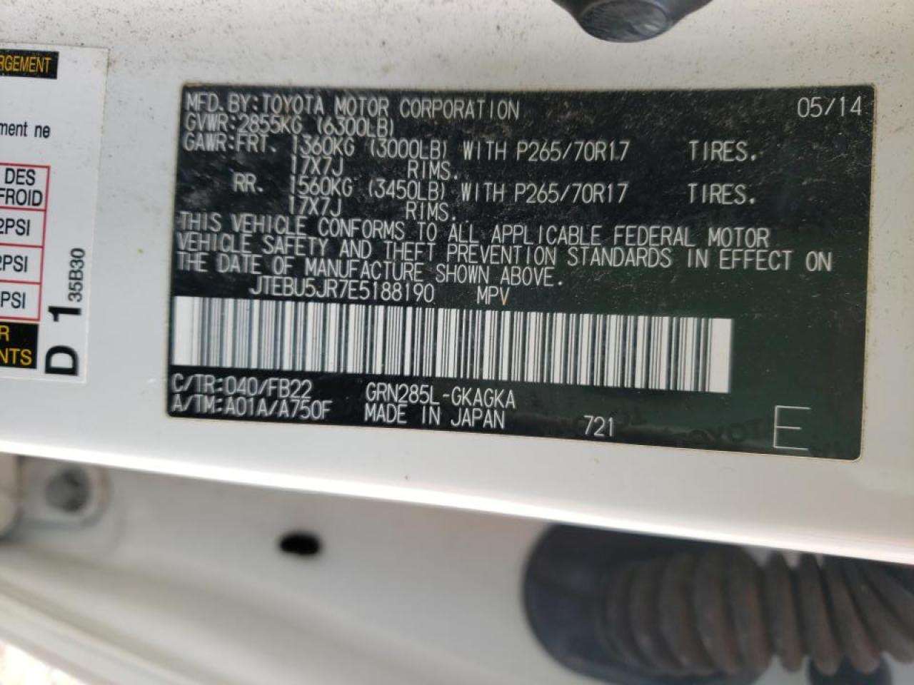 Photo 10 from auction – 2014 TOYOTA 4RUNNER SR with VIN JTEBU5JR7E5188190