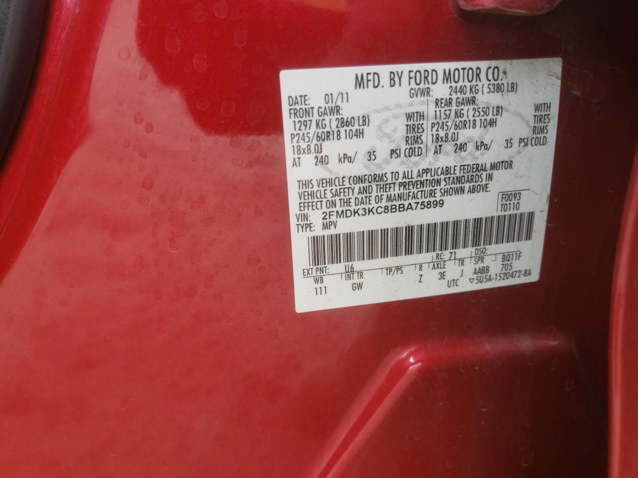Photo 10 from auction – 2011 FORD EDGE LIMIT with VIN 2FMDK3KC8BBA75899