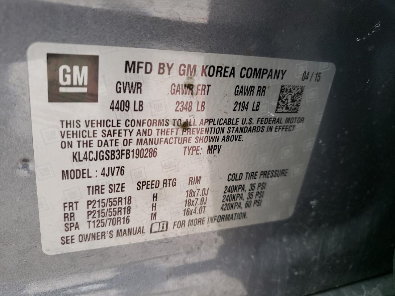 Photo 10 from auction – 2015 BUICK ENCORE with VIN KL4CJGSB3FB190286