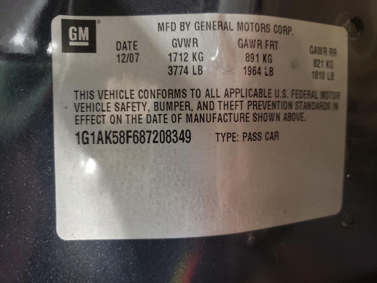 Photo 10 from auction – 2008 CHEVROLET COBALT LS with VIN 1G1AK58F687208349