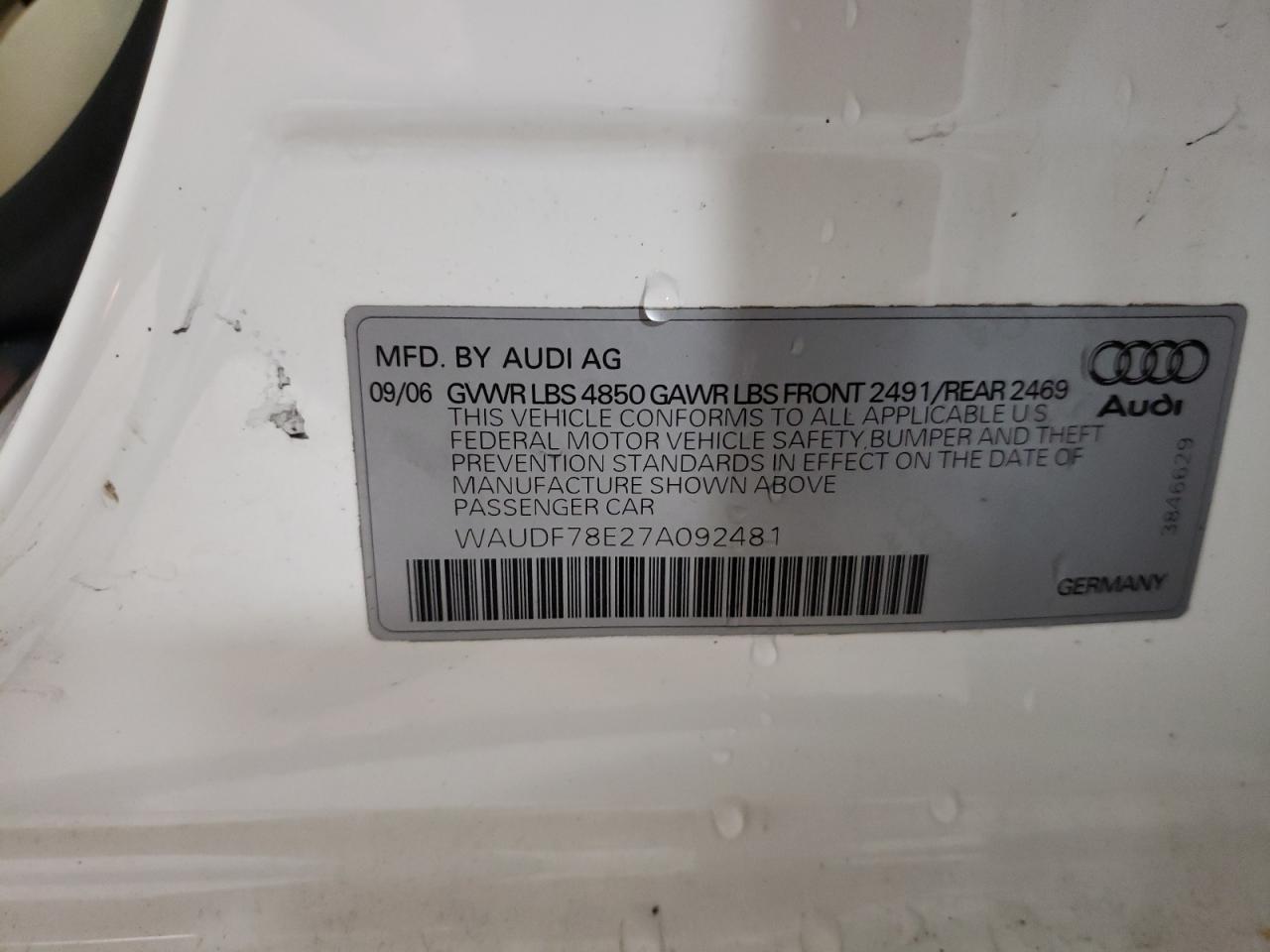 Фото 10 с аукциона – 2007 AUDI A4 2.0T QU с VIN WAUDF78E27A092481