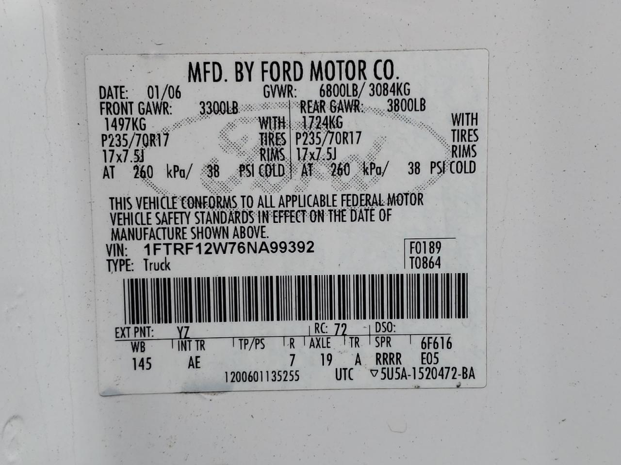 Photo 10 from auction – 2006 FORD F150 with VIN 1FTRF12W76NA99392