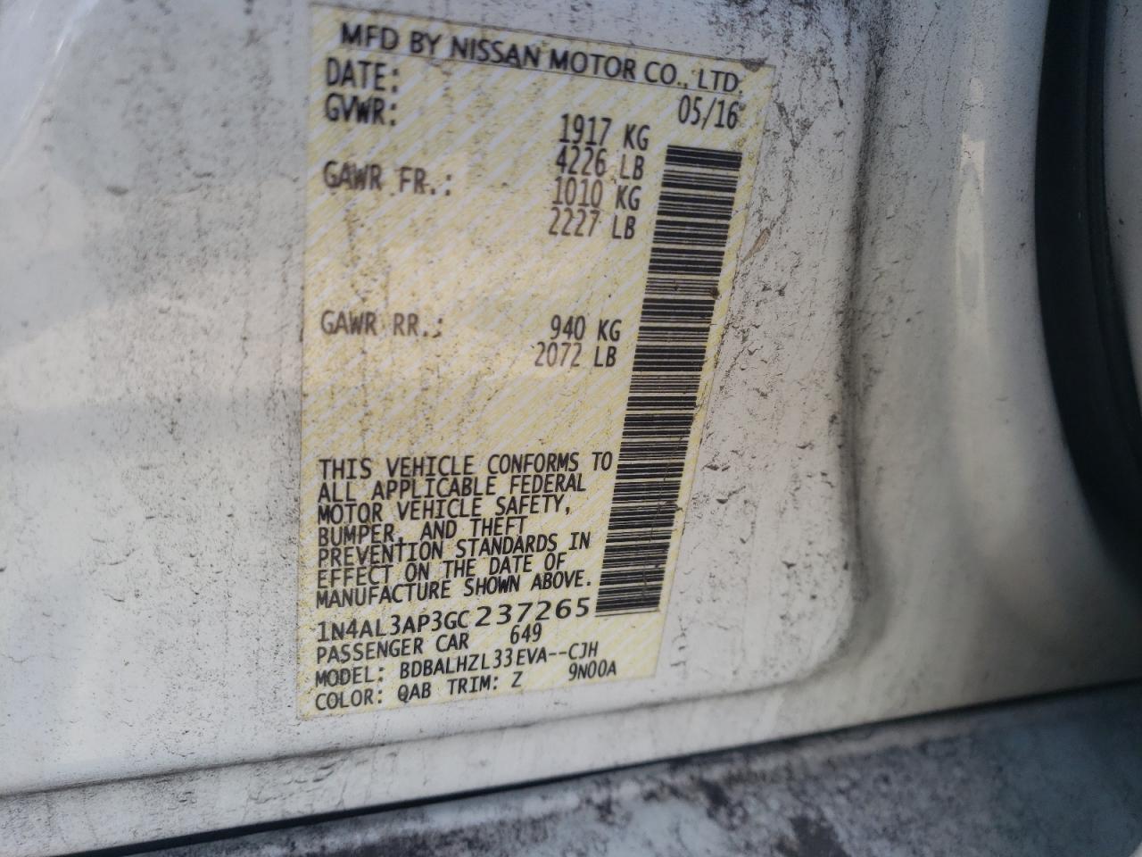 Photo 10 from auction – 2016 NISSAN ALTIMA 2.5 with VIN 1N4AL3AP3GC237265