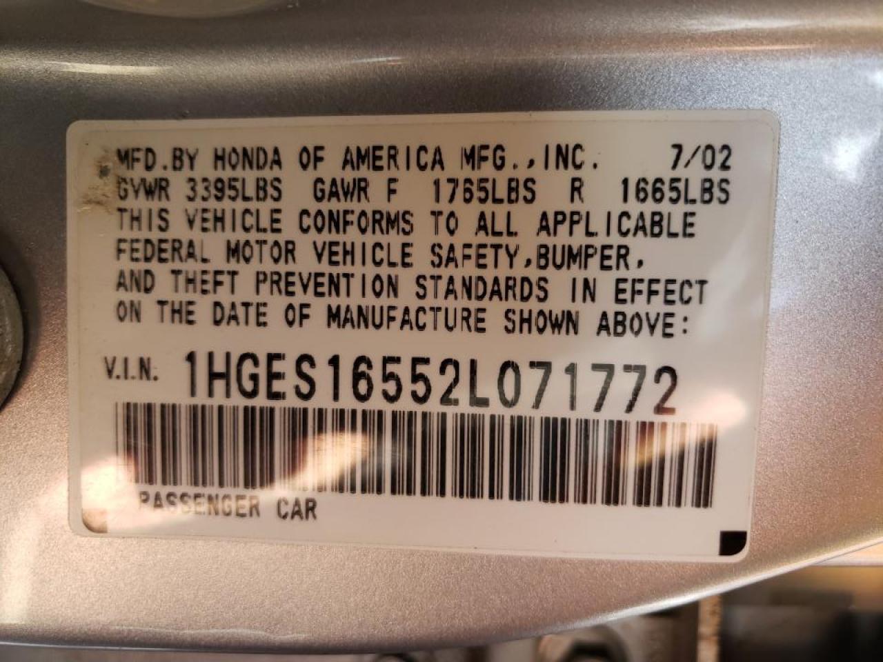 Photo 10 from auction – 2002 HONDA CIVIC LX with VIN 1HGES16552L071772
