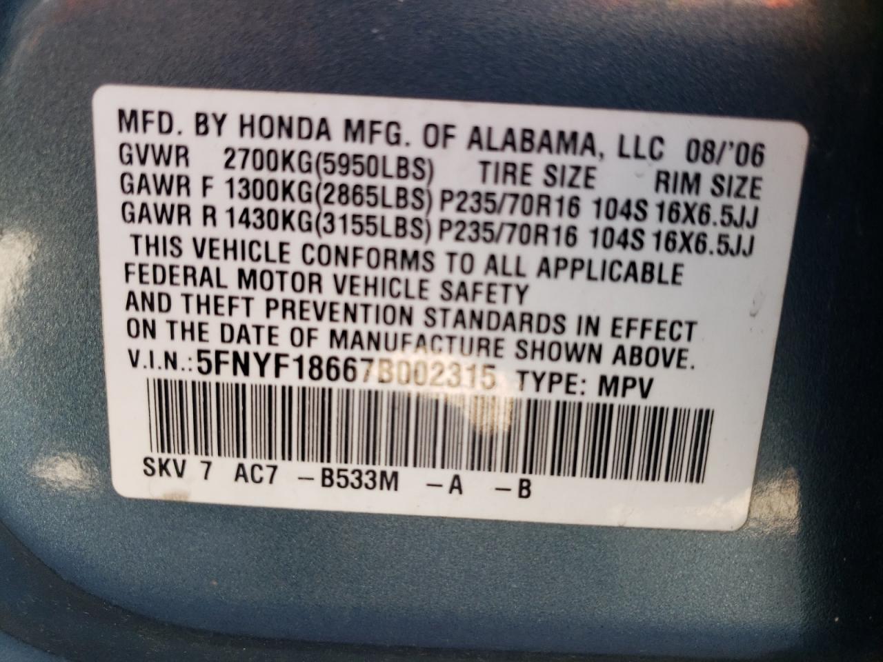 Zdjęcie 10 z aukcji – 2007 HONDA PILOT EXL z VIN 5FNYF18667B002315