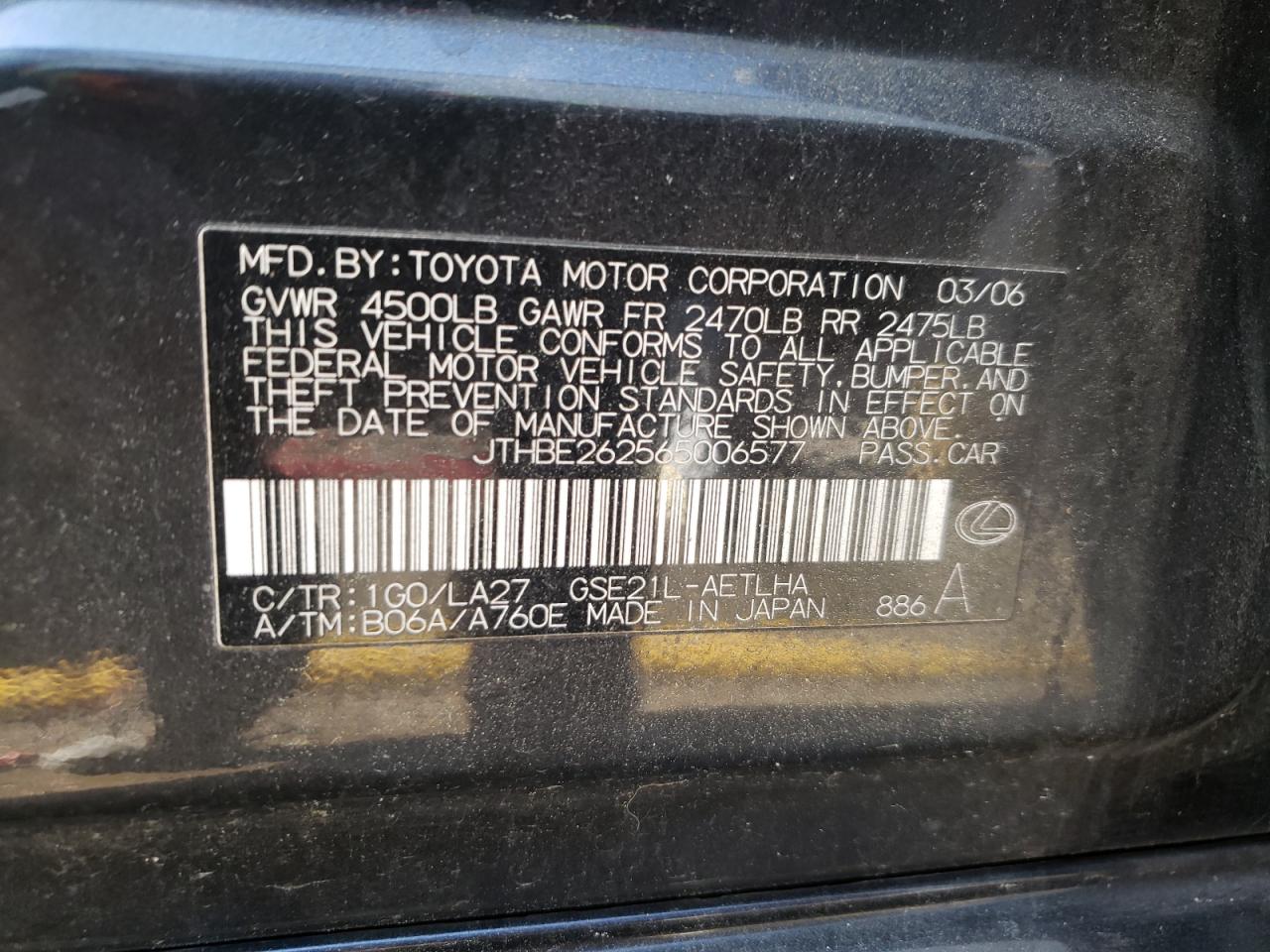 Photo 10 from auction – 2006 LEXUS IS 350 with VIN JTHBE262565006577