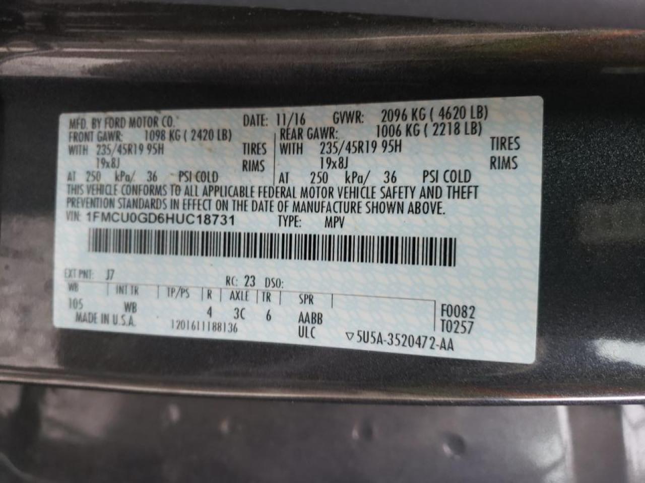 Photo 10 from auction – 2017 FORD ESCAPE SE with VIN 1FMCU0GD6HUC18731