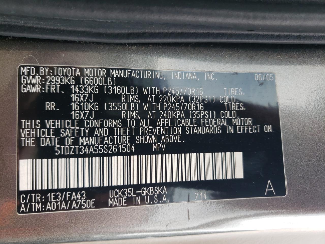 Photo 10 from auction – 2005 TOYOTA SEQUOIA SR with VIN 5TDZT34A55S261504
