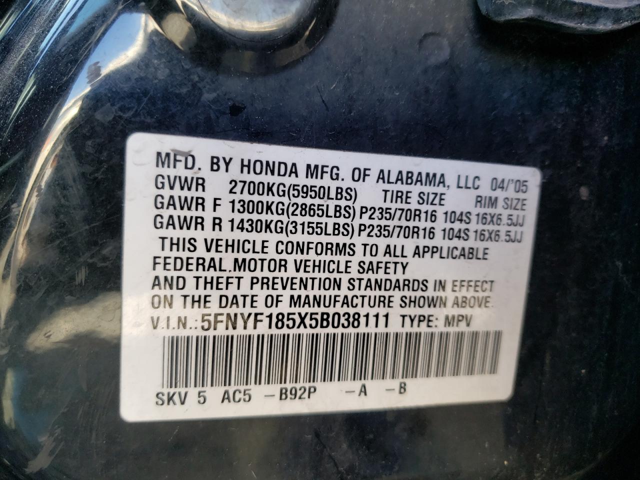 Photo 10 from auction – 2005 HONDA PILOT EXL with VIN 5FNYF185X5B038111