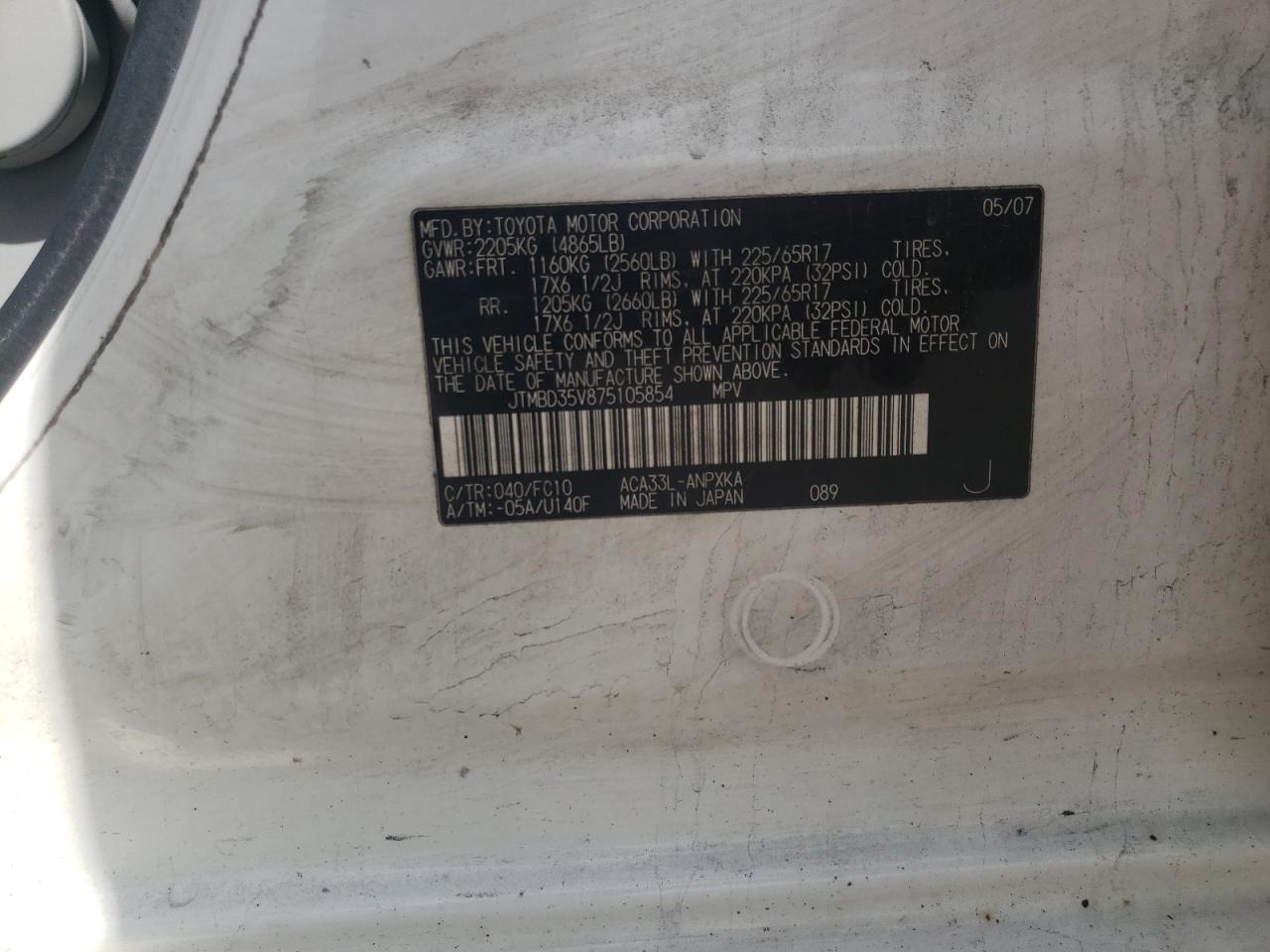 Photo 10 from auction – 2007 TOYOTA RAV4 with VIN JTMBD35V875105854